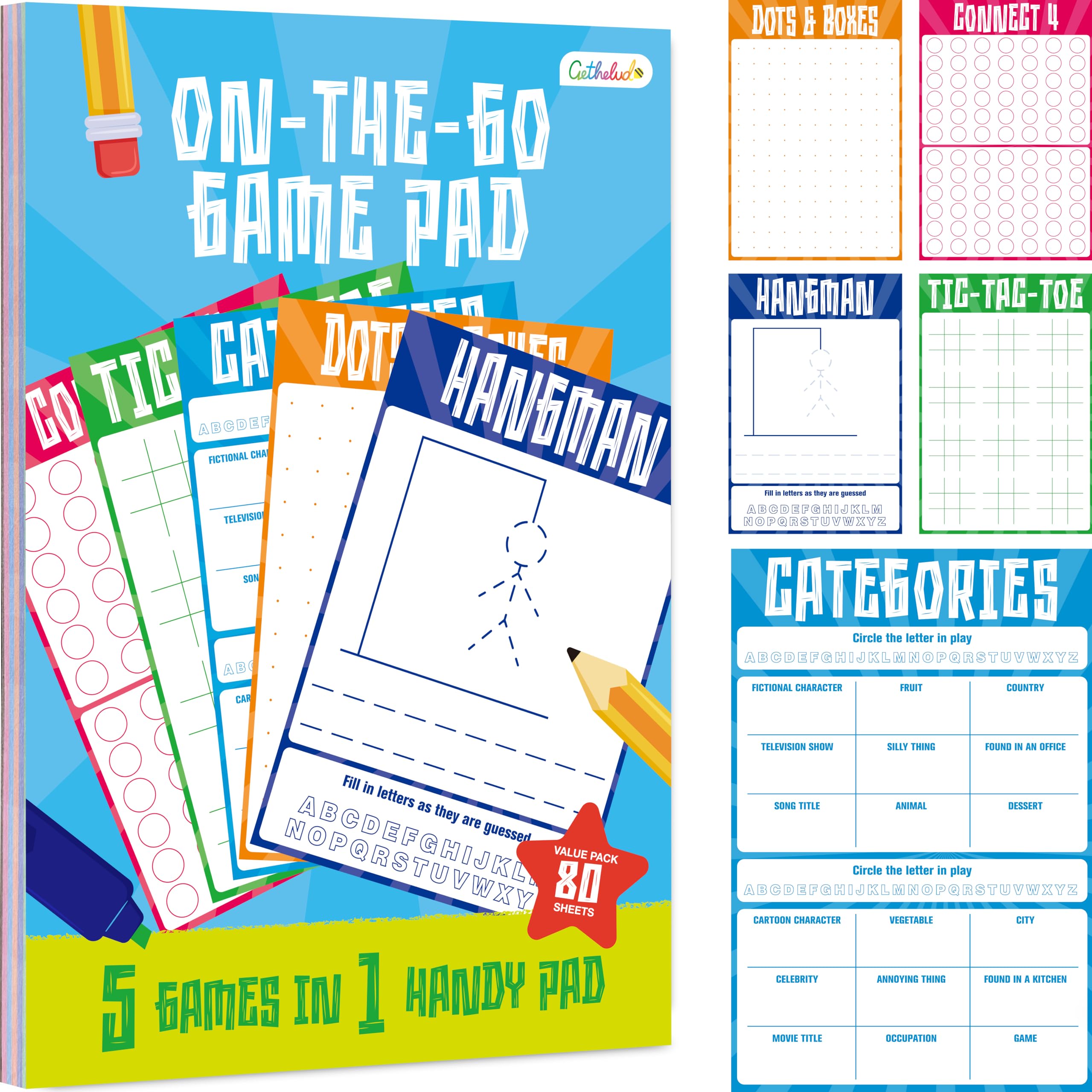 Road Trip Game Pad, 80 Perforated Sheets Travel Activity Pad, 5 Games in 1 Pad, Plane, Car Trip Activity, Pen Pencil & Paper Game for Kids, Adults (6” x 9”)