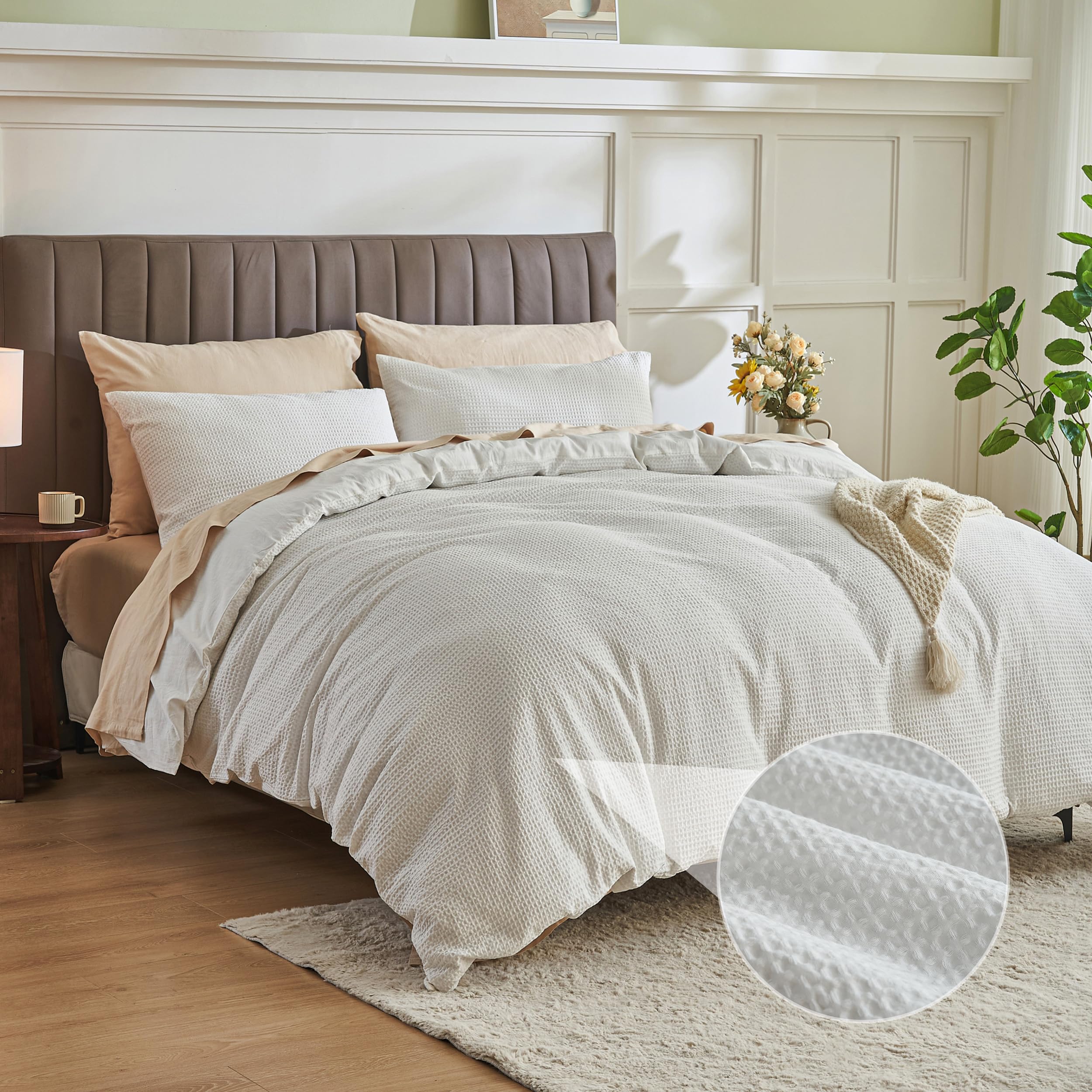 Simple&Opulence Waffle Duvet Cover Double Size, 100% Cotton Waffle Bedding with 2 Pillowcases, Soft Breathable Seersucker Quilt Cover Set, Hidden Button Closure (200x200cm,White)
