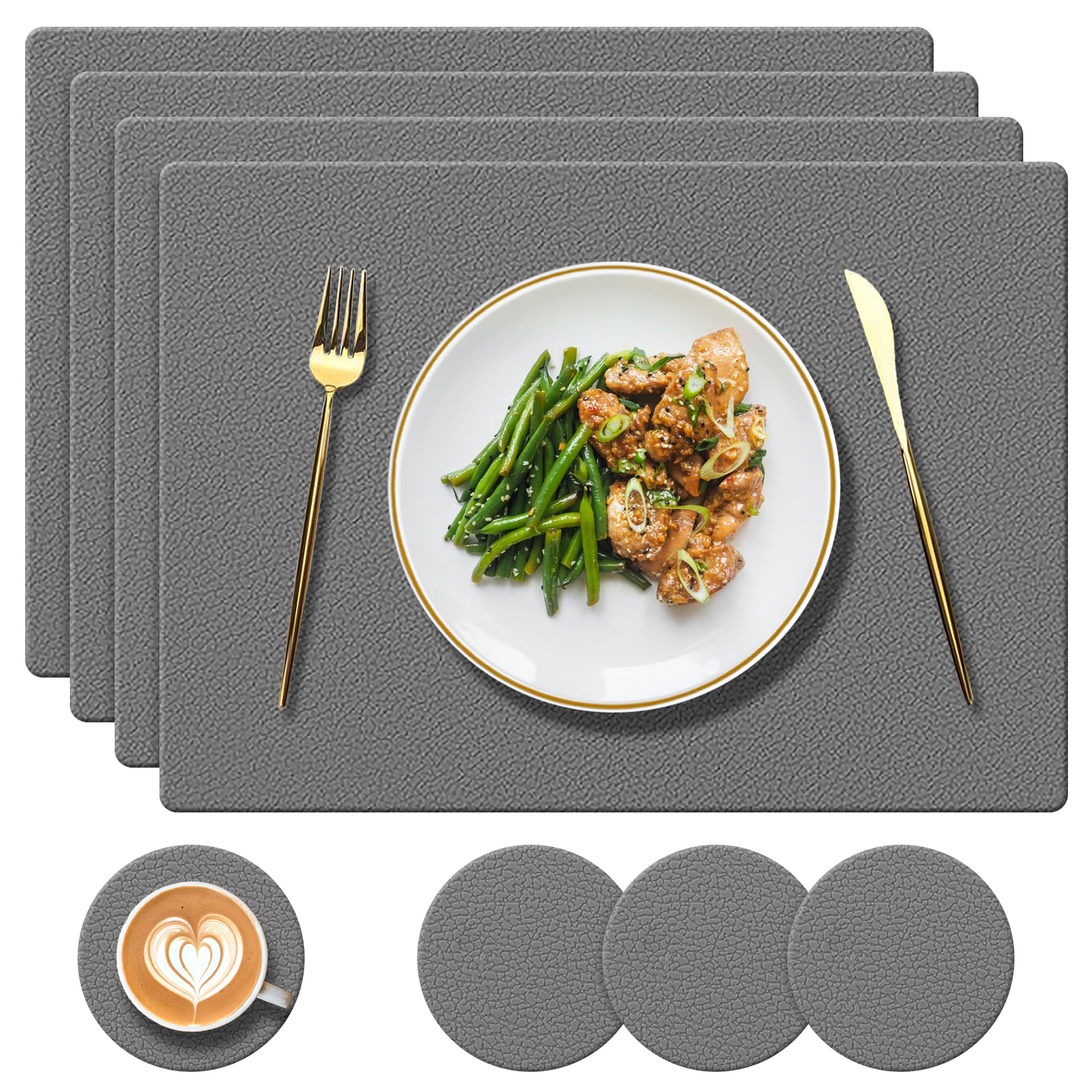 YUNJUER Silicone Place Mats and Washable Coasters Set, Heat-Resistant 450 °F, Non-slip Waterproof Wipeable Placemats for Dining Table, Restaurant, Indoor Kitchen, Outdoor, 8 Pieces, Dark Grey