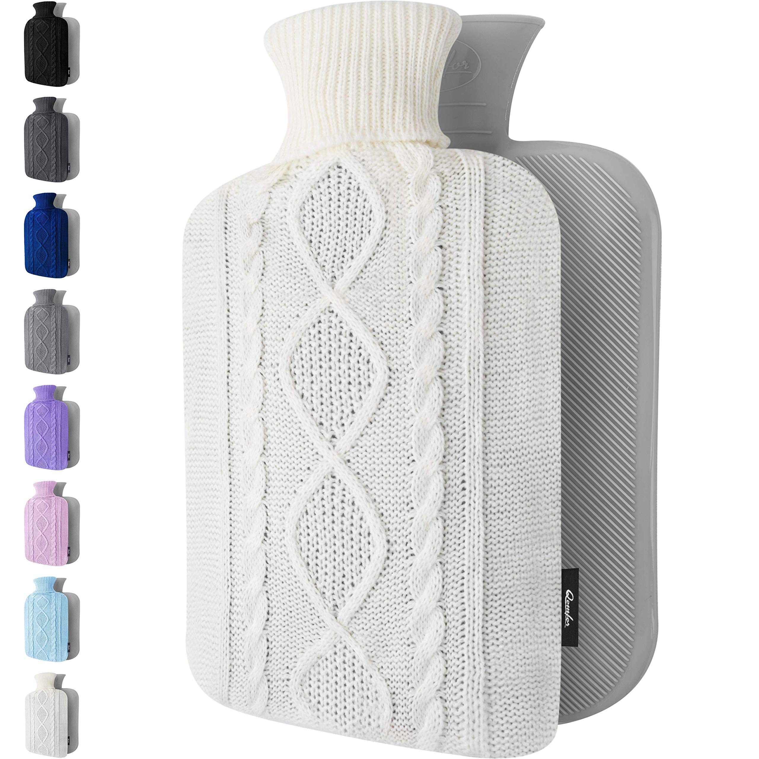 Hot Water Bottle - with Soft Premium Knitted Cover - Off White, 2L - Heating Pad for Menstrual Cramps and Period Comfort - Bed Foot Warmer - Hot & Cold Compress for Back, Stomach, Neck Pain Relief