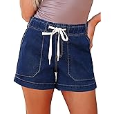 luvamia Jean Shorts for Women High Waisted Pull On Drawstring Elastic Waist Trendy Stretchy Denim Jorts Summer Shorts