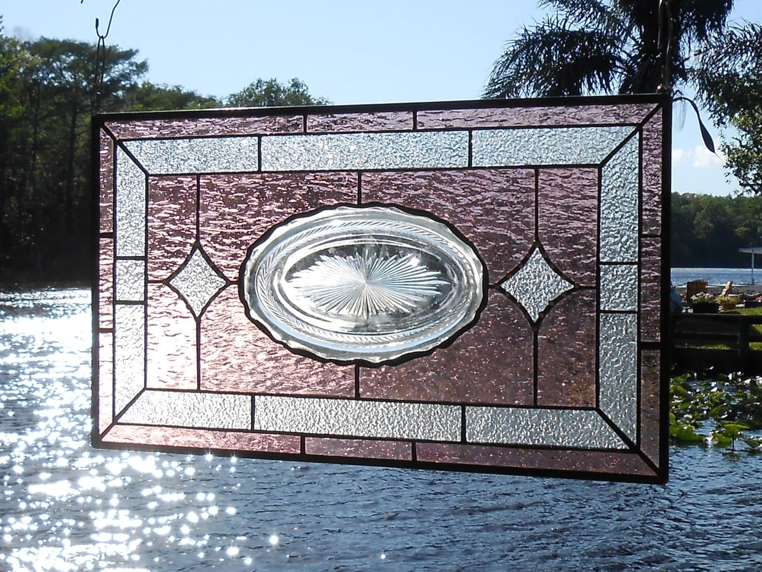 Depression Glass Stained Glass Window Panel, Vintage 1940