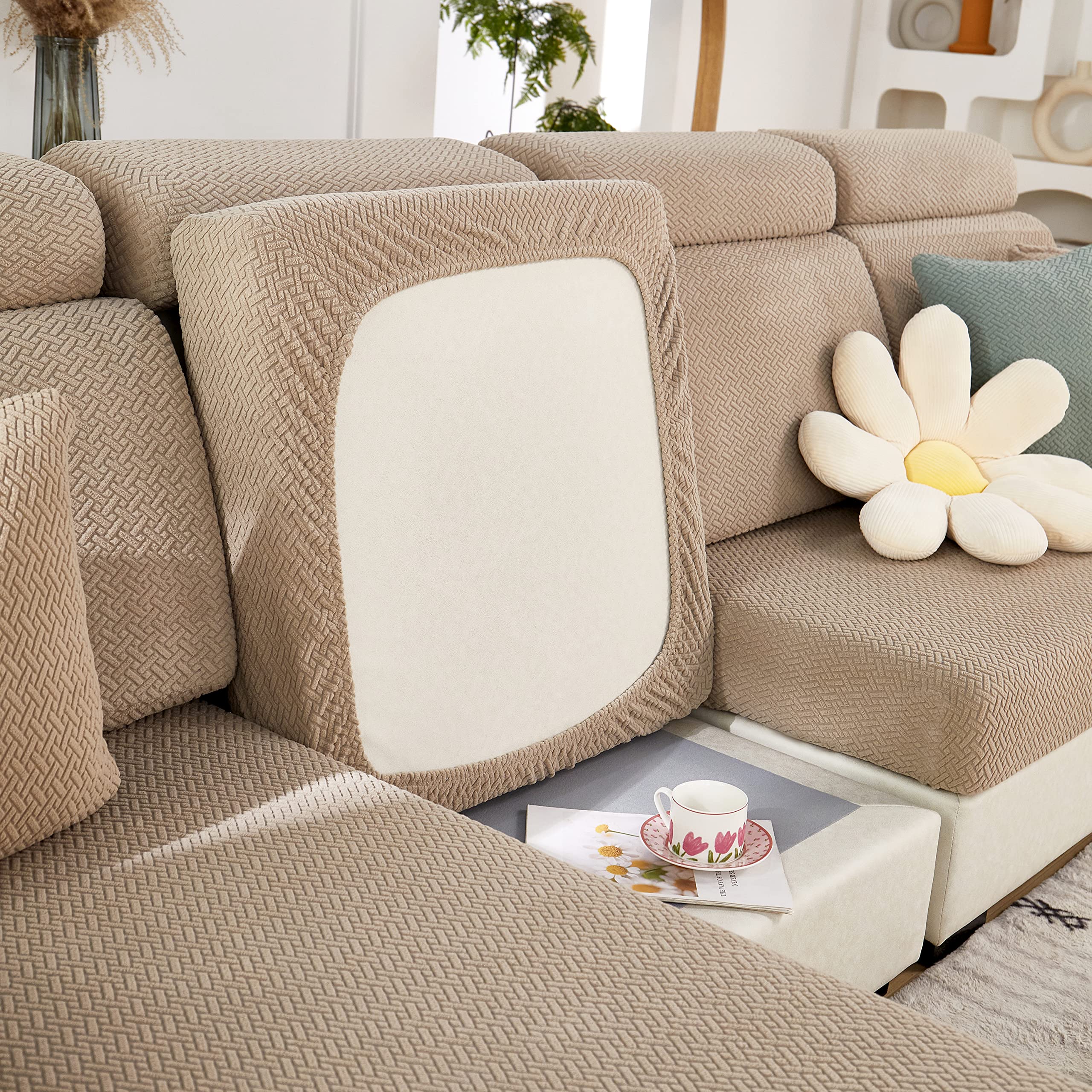 Topchances Sofa Seat Cushion Covers - High Stretch Universal Elastic Sofa Cover, Non-Slip Sofa Couch Slipcovers for Sofa L Shaped Chaise Longue Furniture Protection (Weaves, Light Coffee)