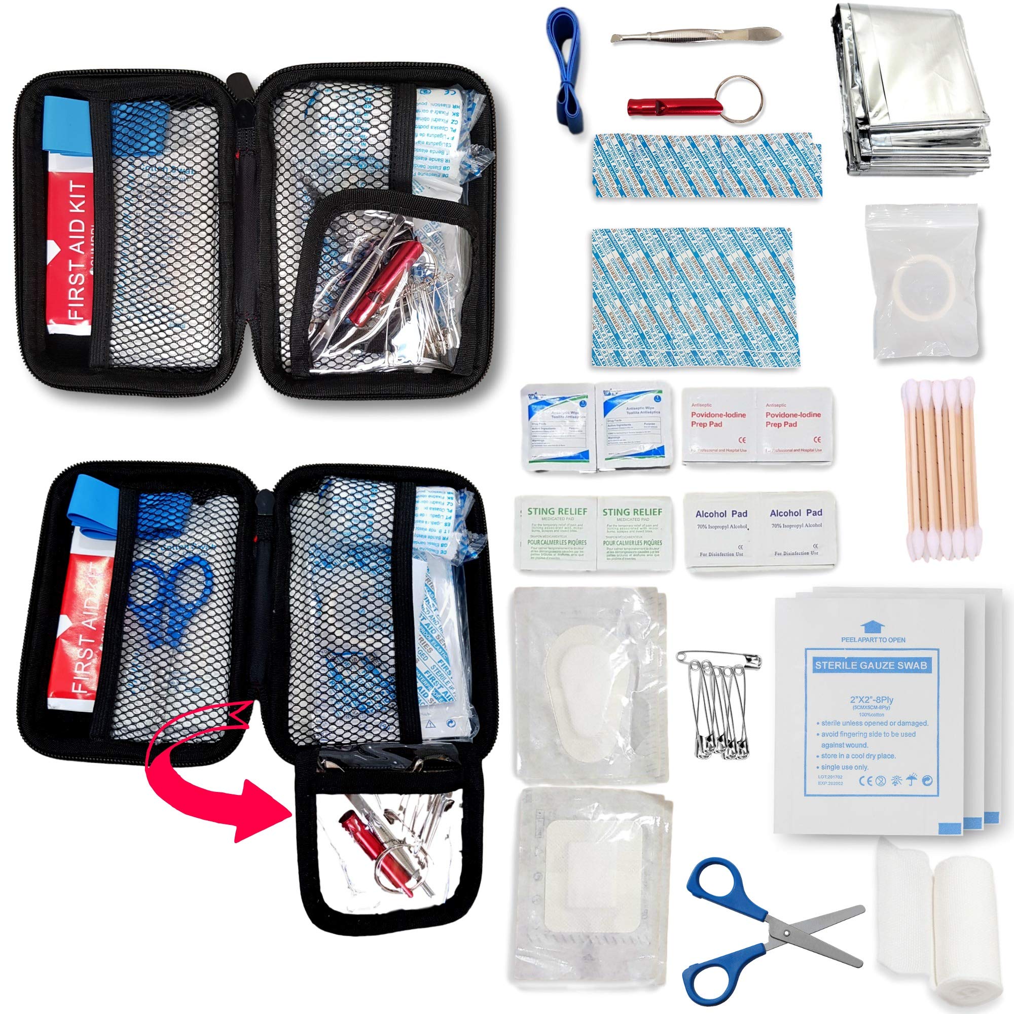 SUMPRI Mini First Aid Kit -Hard Shell Case Camping First Aid Kit -Compact & Lightweight Emergency Medical Supply -Thermal Blanket for Backpacking, Hiking, Travel, Home, Outdoor Or Car -80 Pieces