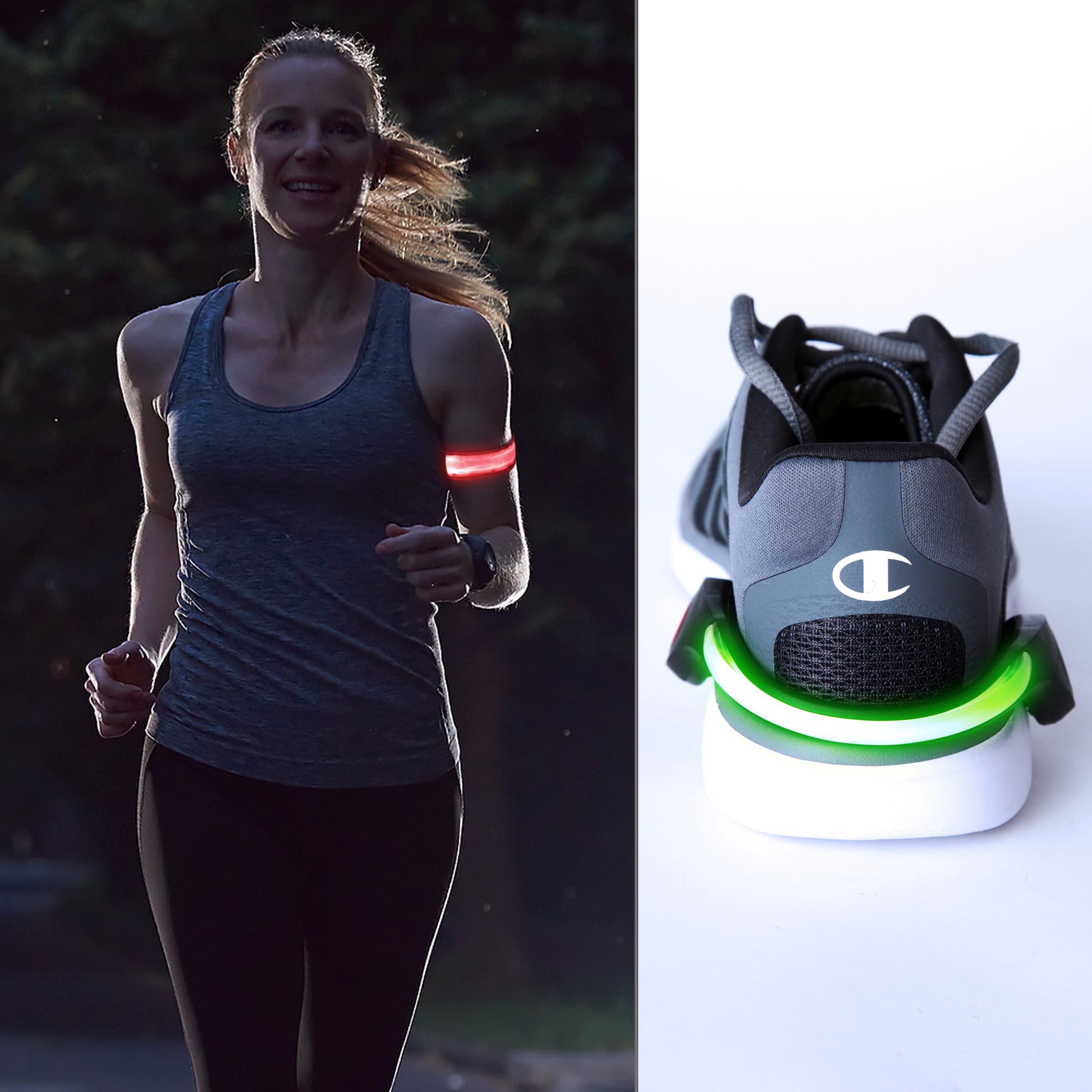 Reflective LED Sports Armband and LED Shoe Lights for Safe Night Running, Walking, Cycling or Jogging. Techion Reflective Fabric Can Be Used on Arm or Ankle. Easily Be Seen At Night. Green/Red