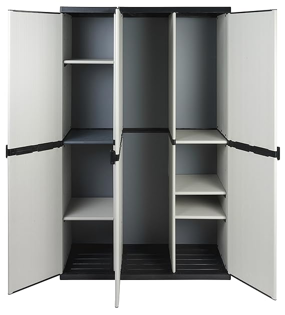Modularer Universal Kunststoffschrank mit drei Türen, Spind/Freifach und höhenverstellbaren Böden. Robuste Ausführung, in Gra