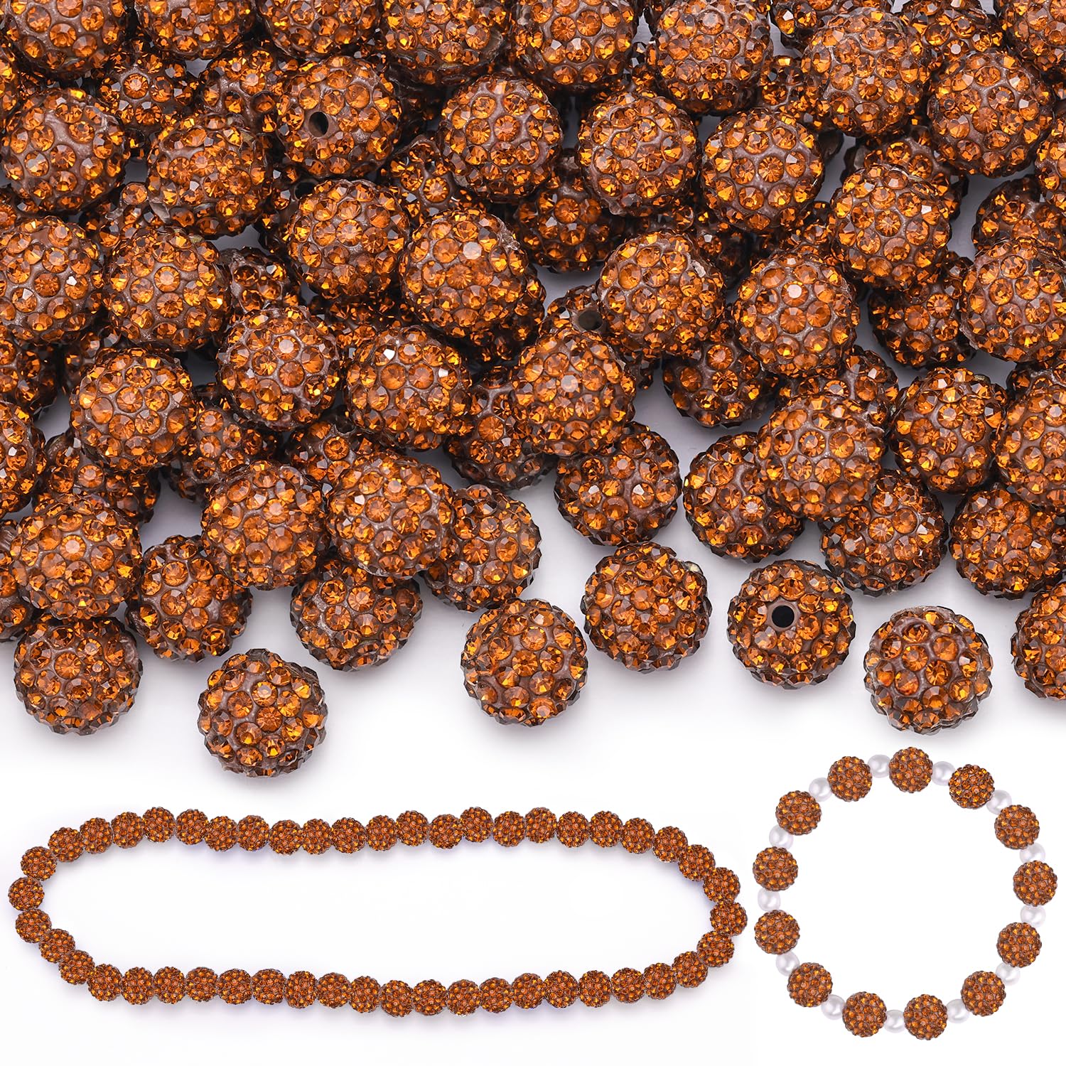 Photo 1 of 150 Pcs Brown Rhinestone Beads for Jewelry Making, Sparkle Crystal Clay Christmas for Bracelet Baseball Necklace Earring Crafting and DIY, Shiny Round Shamballa Disco Ball Beads Bulk