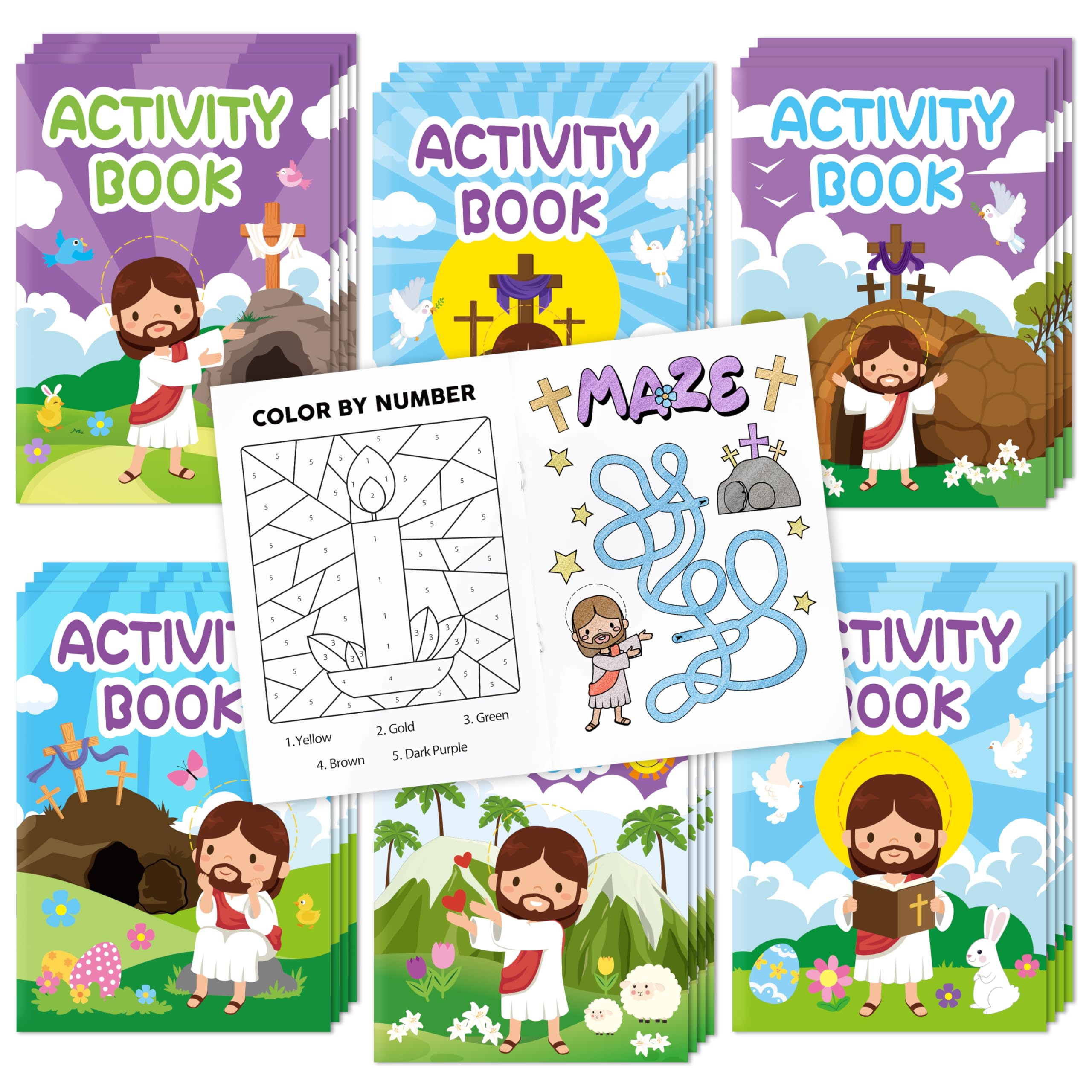 2OOYA Cartoon Easter Coloring Books, 24PCS Drawing Activity Books Bulk for Kids Party Favor, Funny Jesus Bunny Egg Mini Pocket DIY Painting for Easter Spring Sunday School Classroom Rewards Goodie Bag