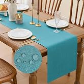 YATOJUZI Teal Table Runner Seasonal Summer Kitchen Dining Coffee Table Decorations Waterproof Turquoise Coastal Table Runners Teal Birthday Party Coastal Decor 16x71Inch
