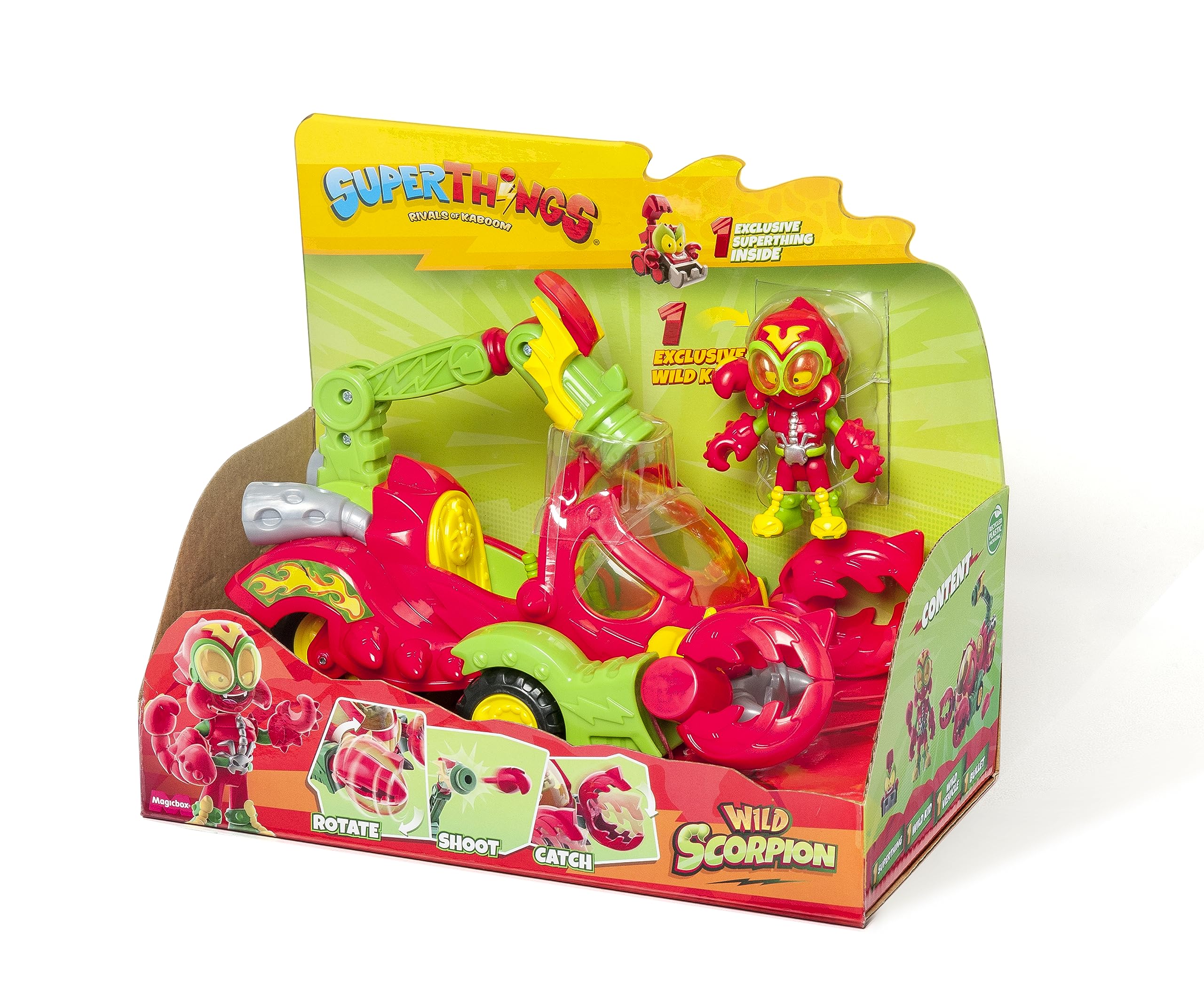 SUPERTHINGS Wild Scorpion – SuperThings Scorpion vehicle. Includes 1 exclusive Wild Kid and 1 exclusive Wild Villain SuperThing. With shooter and scorpion pincers to capture heroes
