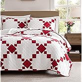 WDCOZY 100% Cotton Quilt Queen Size, Lightweight Reversible Gingham Patchwork Bedding Set with 2 Pillow Shams, Red Block Pattern Farmhouse Bedspread Shabby Chic Coverlet Thin Comforter All Seasons