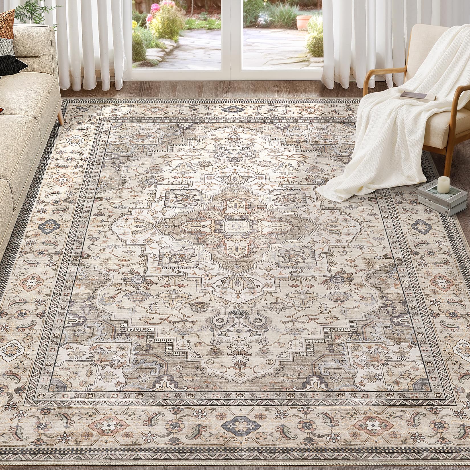 EIEIHOUSE Washable Area Rugs for Living Room - 9x12 Neutral Vintage Distressed Floral Farmhouse Boho Large Soft Floor Rug Indoor Non Slip Carpet for Bedroom Dining Room Office - Brown/Multi