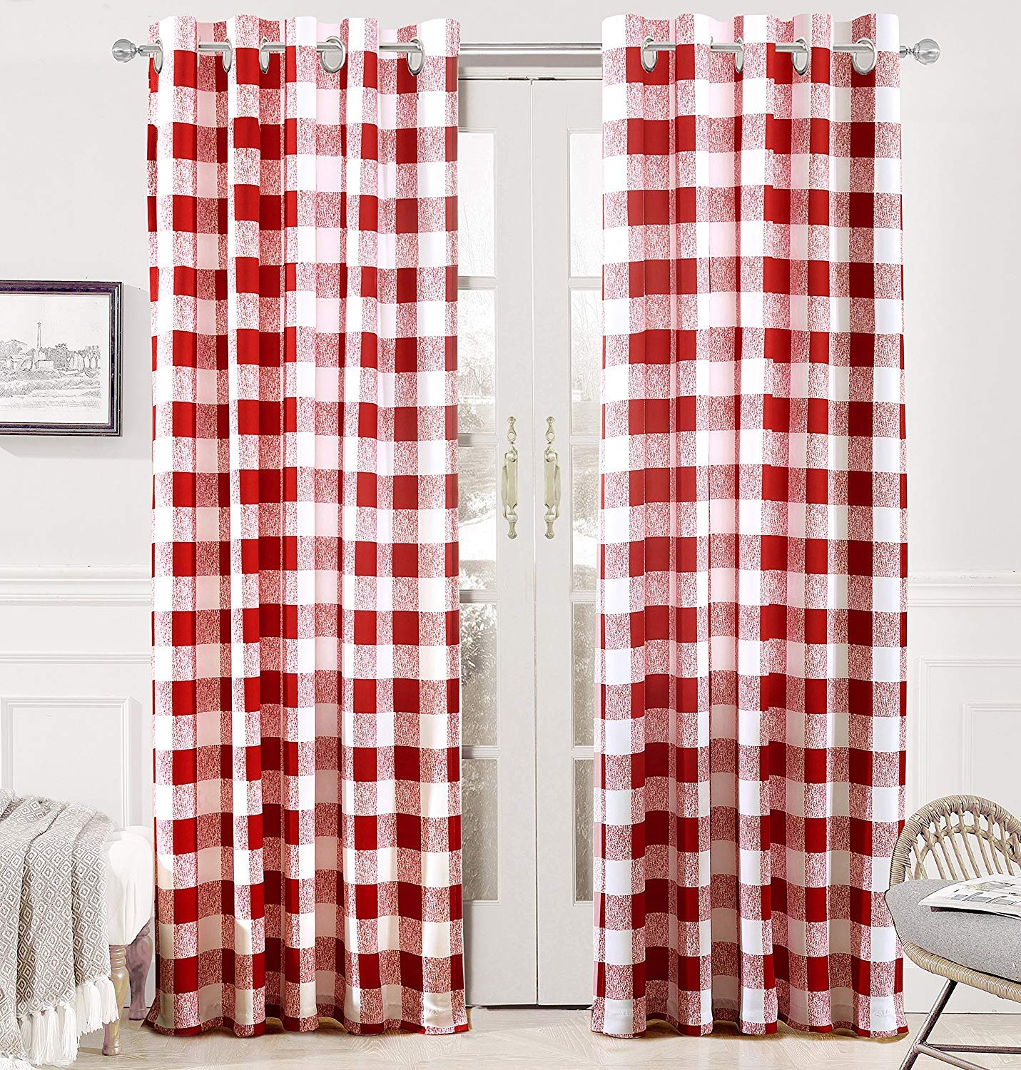 DriftAway Buffalo Checker Pattern Lined Thermal Insulated Blackout/Room Darkening Grommet Window Curtains, Printed Plaid, 2 Layer, Set of Two Panels, 52"X84" (Red)