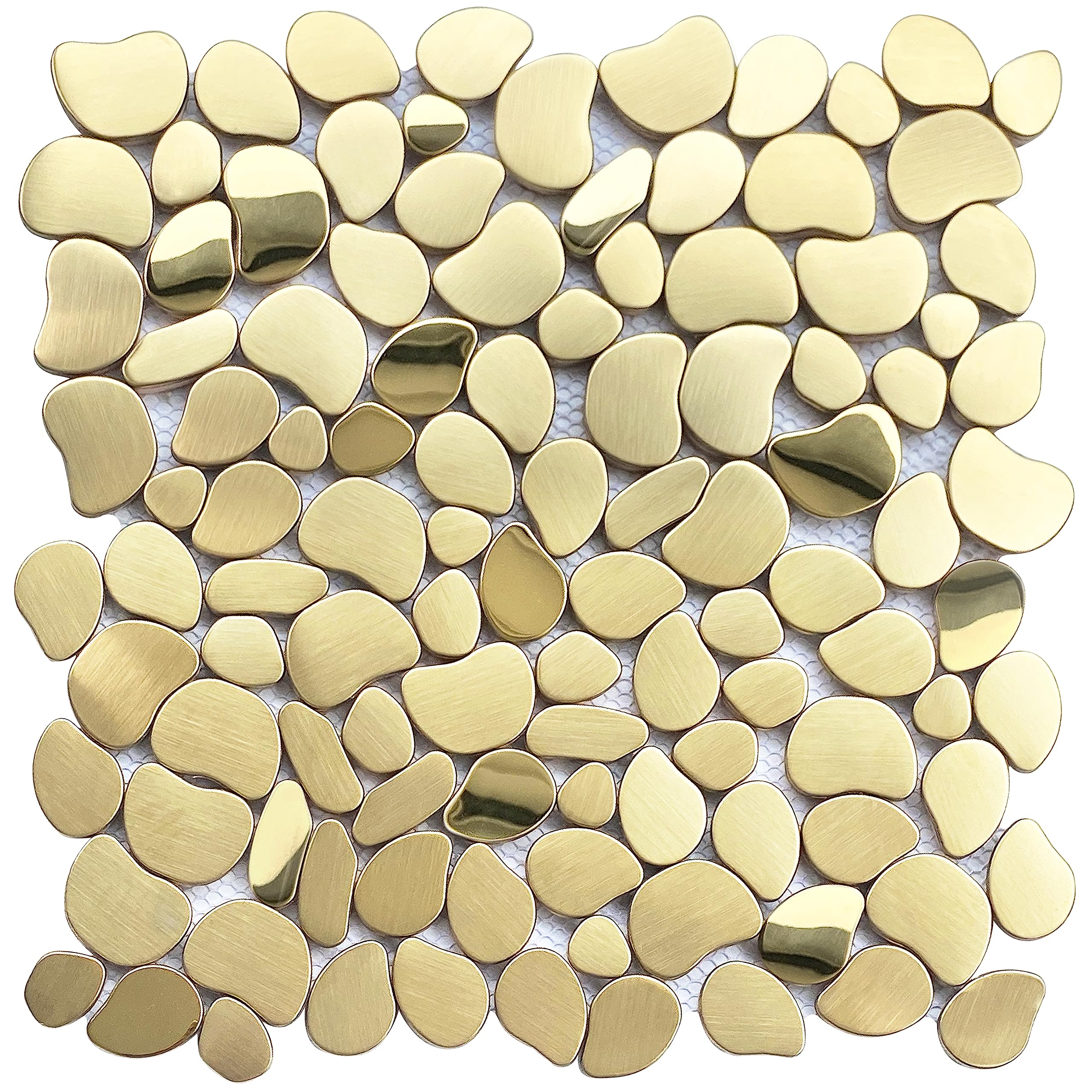 Photo 1 of Primoon Golden Metal Pebble Mosaic Tiles, 5 Sheets Stainless Steel Backsplash Mesh Mounted, 12×12 Inches Waterproof Metal Tile, Gold Wall Tiles for Kitchen Bathroom Backsplash Shower Stove Backsplash