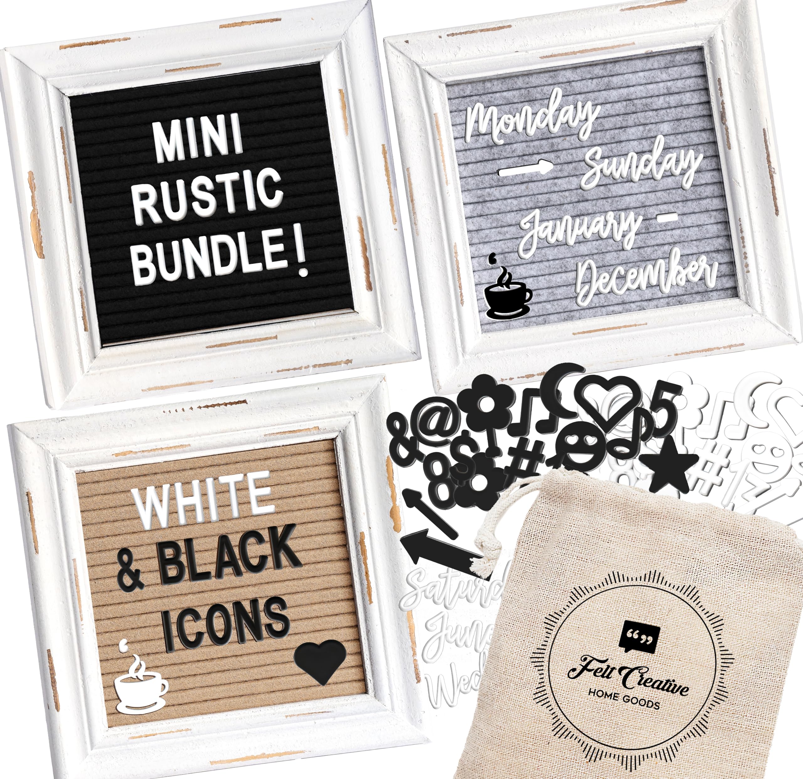 Mini Rustic Felt Letter Board Farmhouse Trio Changeable Message Boards by Felt Creative Home Goods Vintage White Frames 3 Pack Bundle Black and White Letter Set Cursive Months Days (6x6 Inches)