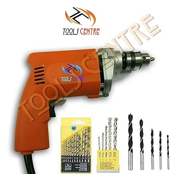 Toolscentre 10mm Drill Machine With 13Pcs HSS Drill Set For Aluminium,Metal,Plastic+5Pcs Masonary Drill Set+5Pcs Wood Drill Bit Set