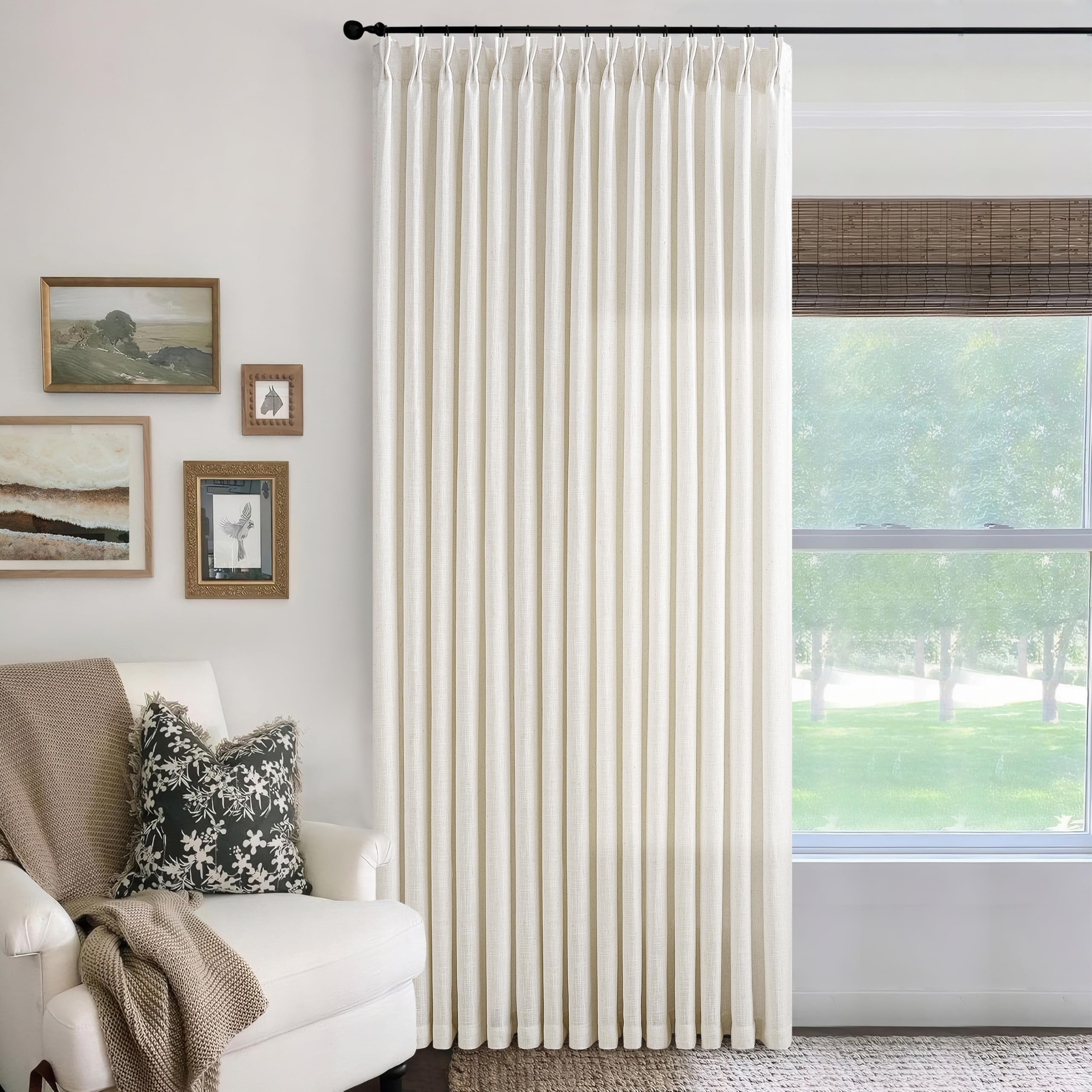 Photo 1 of 100 Inch Wide Curtains 84 Inches Long Linen Pinch Pleated Curtains for Patio Sliding Door Light Filtering Pinch Pleat Drapes Cream Ivory Boho Extra Wide 100 x 84 Drapes Living Dining Room 1 Panel
