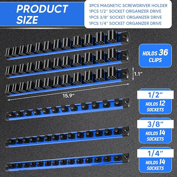 6 PIECE MAGNETIC TOOL ORGANIZER SET, HOLDS SCREWDRIVERS, WRENCHES & SOCKETS (12-SLOT RAIL X3, L/M/S SOCKET HOLDERS), WORKSHOP WALL MOUNT, SPACE-SAVING TOOL STORAGE, STRONG GRIP (TOOLS NOT INCLUDED)