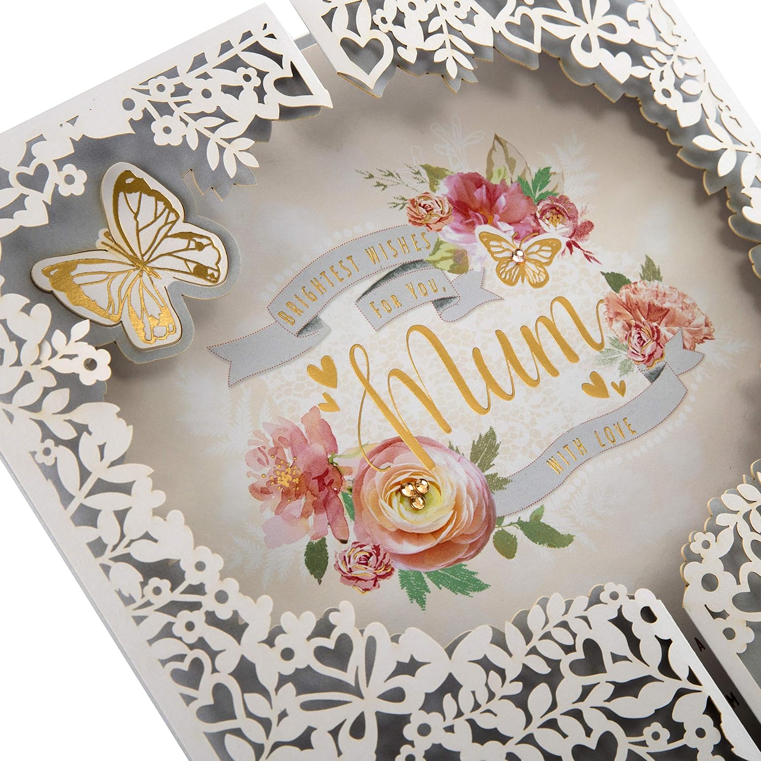 Hallmark Mothers Day Card for Mum Laser Cut Design with Long Verse, Butterflies & Florals, White, Pink, White With Gold Foil - Image 4