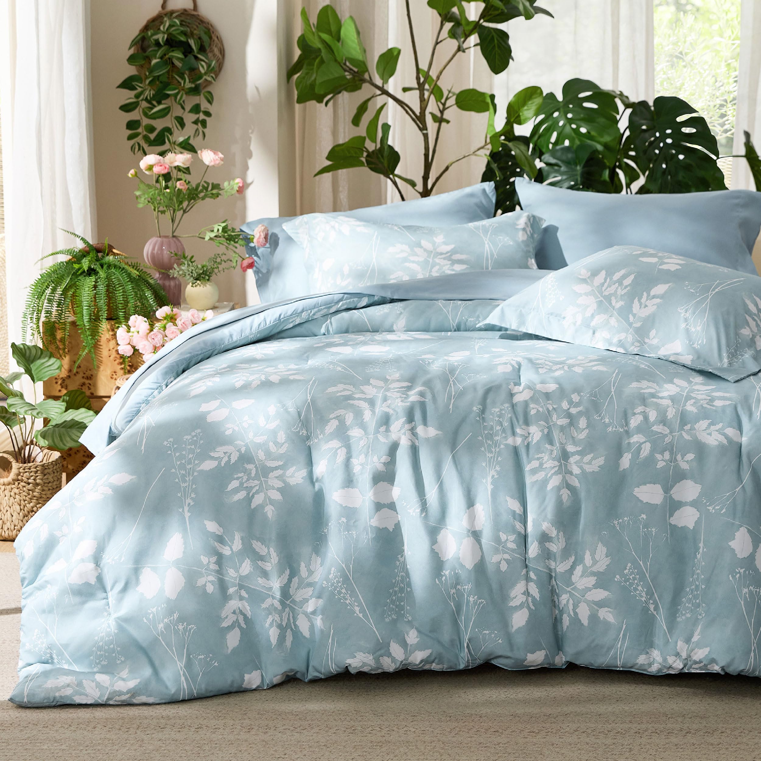 Bedsure Sky Blue King Comforter Set - 7 Pieces Floral Bedding Sets, King Bed in a Bag with Reversible Botanical Flowers Comforter, Sheets, Pillowcases & Shams Image