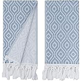Turkish Cotton Hand Towels Set of 2 – Decorative Kitchen & Bathroom Towels with Woven Front and Terry Backing (Bohemian Rhythm Navy)