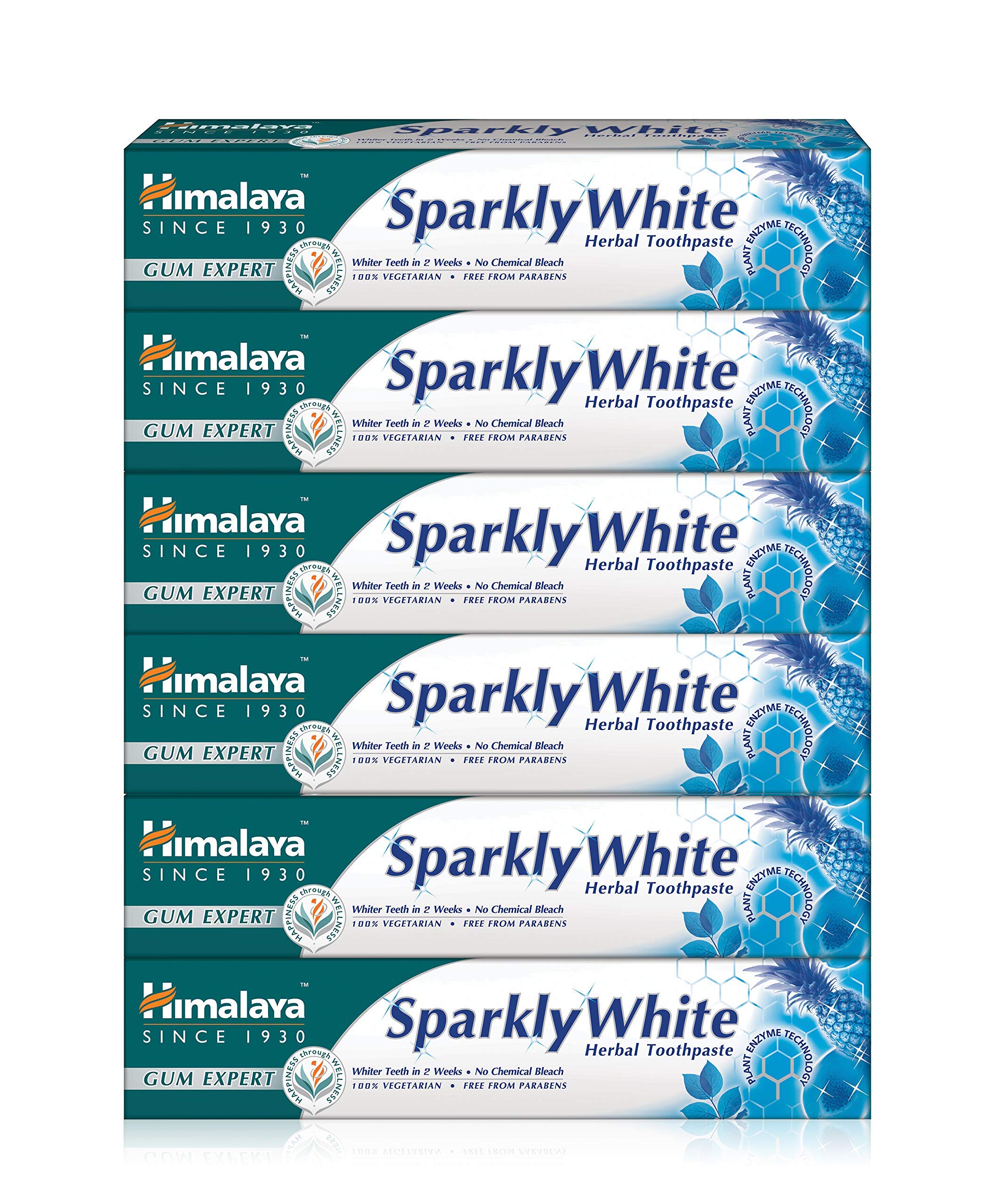 Himalaya Herbals Sparkly White Herbal Vegetarian Toothpaste for whitening Teeth with Advanced Plague Removal,Anti-inflammatory 12-Hour Germ Protection-75ml (Pack of 6)