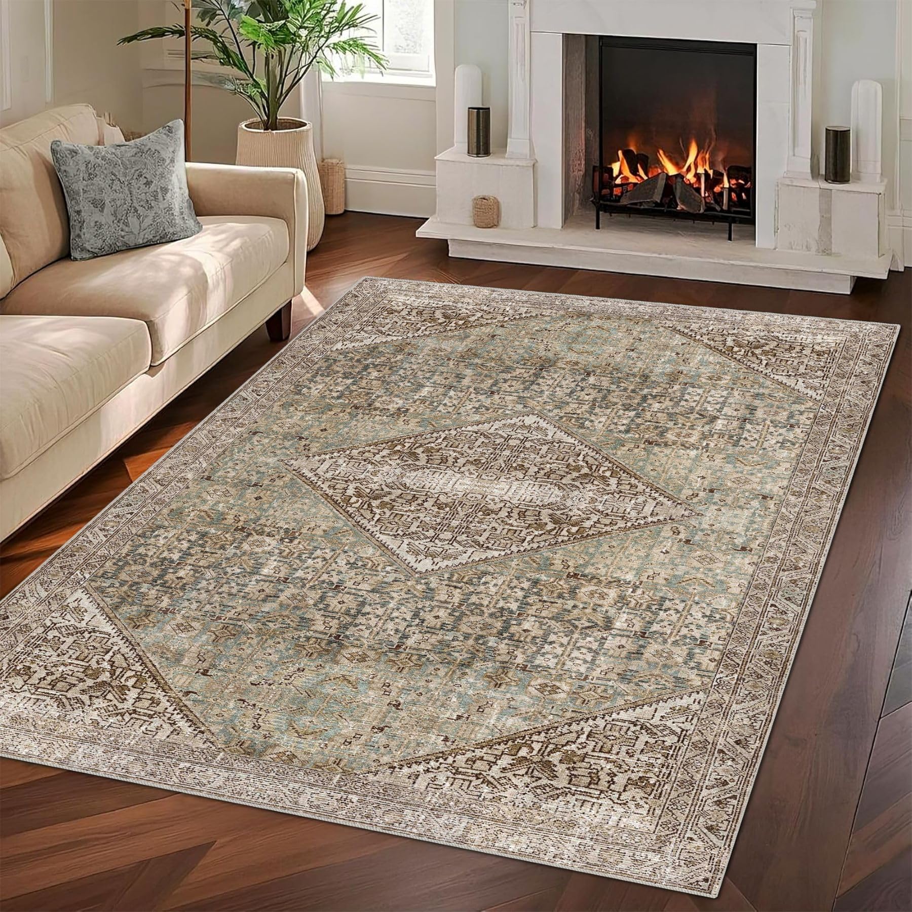 vivorug 5x7 Area Rugs - Ultra-Thin Washable Rug with Non-Slip Backing, Ideal for Living Room, Bedroom, Kitchen Floor Carpet - Vintage, Easy Clean, Durable, Turquoise/Antique Image