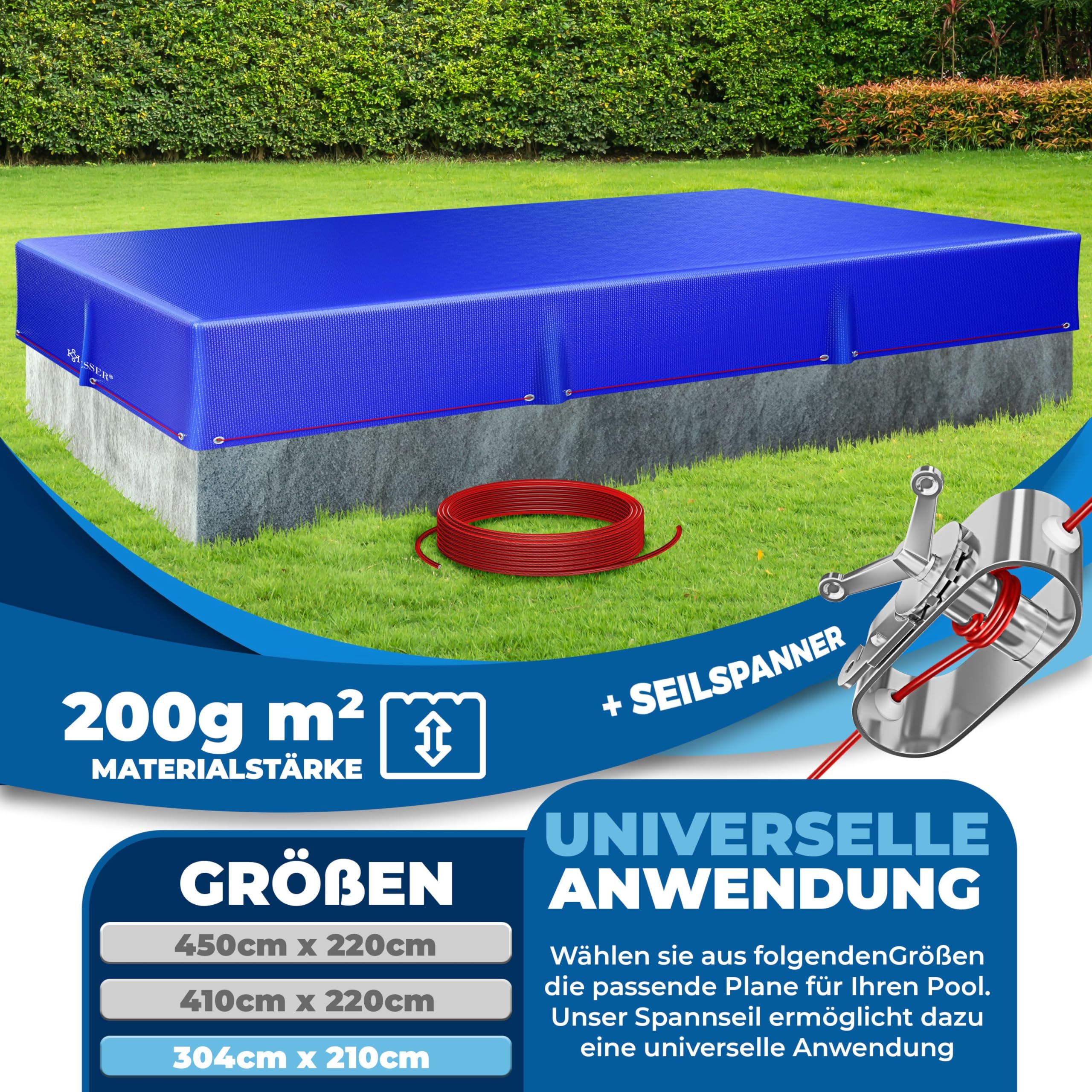KESSER® Solar Poolabdeckung Pool Abdeckplane Rechteckig 304x210cm Poolplane 200g/m² PE Material Inkl. Stahlseil + Seilspanner mit Ösen Solarplane Abdeckung UV-resistent, Wetterfest für Sommer & Winter 2