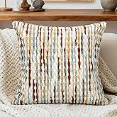 QoBexim Boho Decorative Throw Pillow Covers 18x18 Inch, Chenille Tufted Pillow Cover Stripe Textured Square Farmhouse Accent Pillowcase for Couch Sofa Bedroom Living Room, Red White Khaki Grey 1 Pack