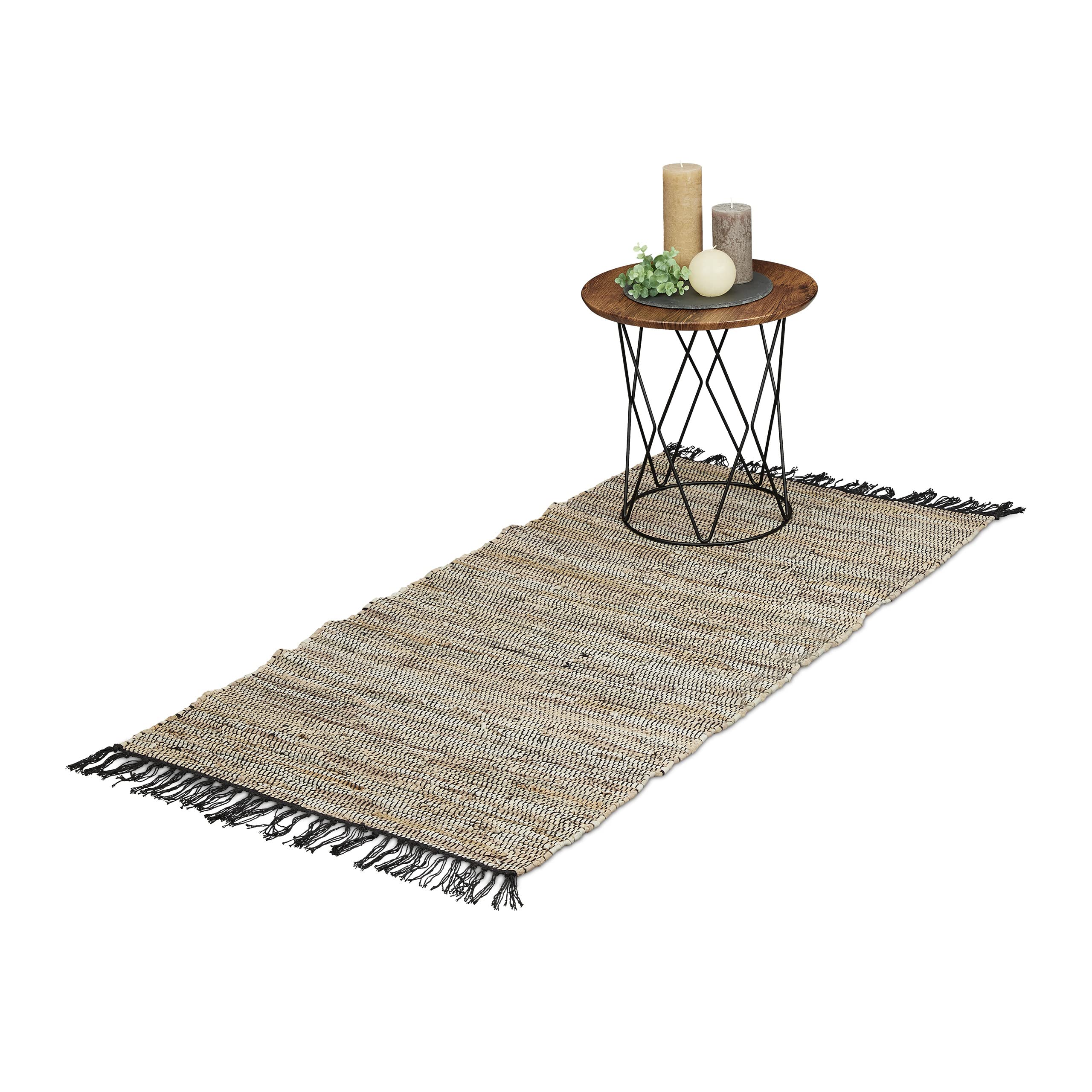 Relaxdays Leather & Cotton Runner Rug, with Fringes, Non-slip, for Livingroom, Bedroom or Hallway, 70 x 140 cm, Grey