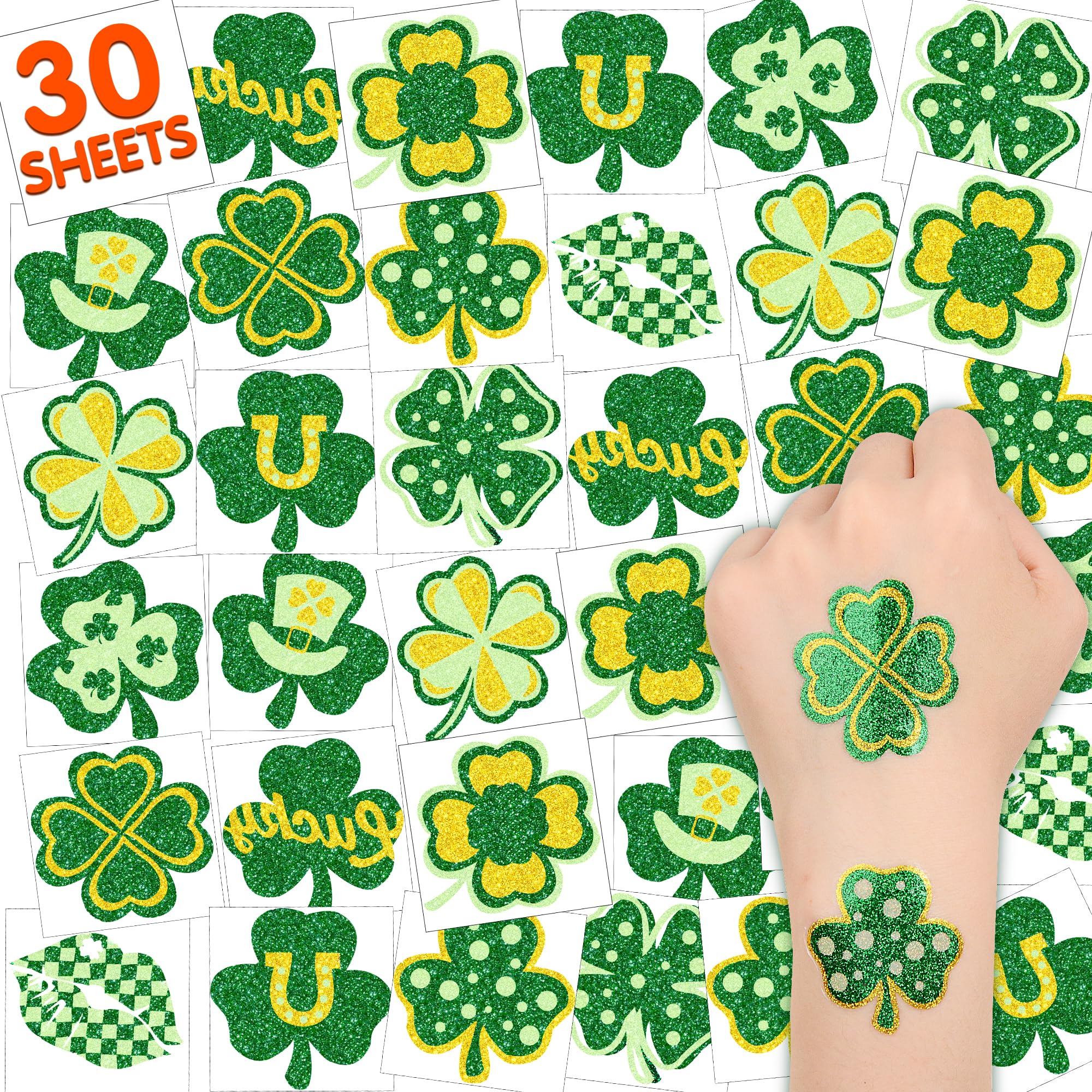 Itscolofy 30 Pcs Glitter St. Patrick's Day Tattoos, St Patricks Day Accessories, St Patricks Day Stickers, Saint Patricks Day Irish Leaf Shamrock Temporary Tattoo Sticker for Body Face, Party Favors Decoration