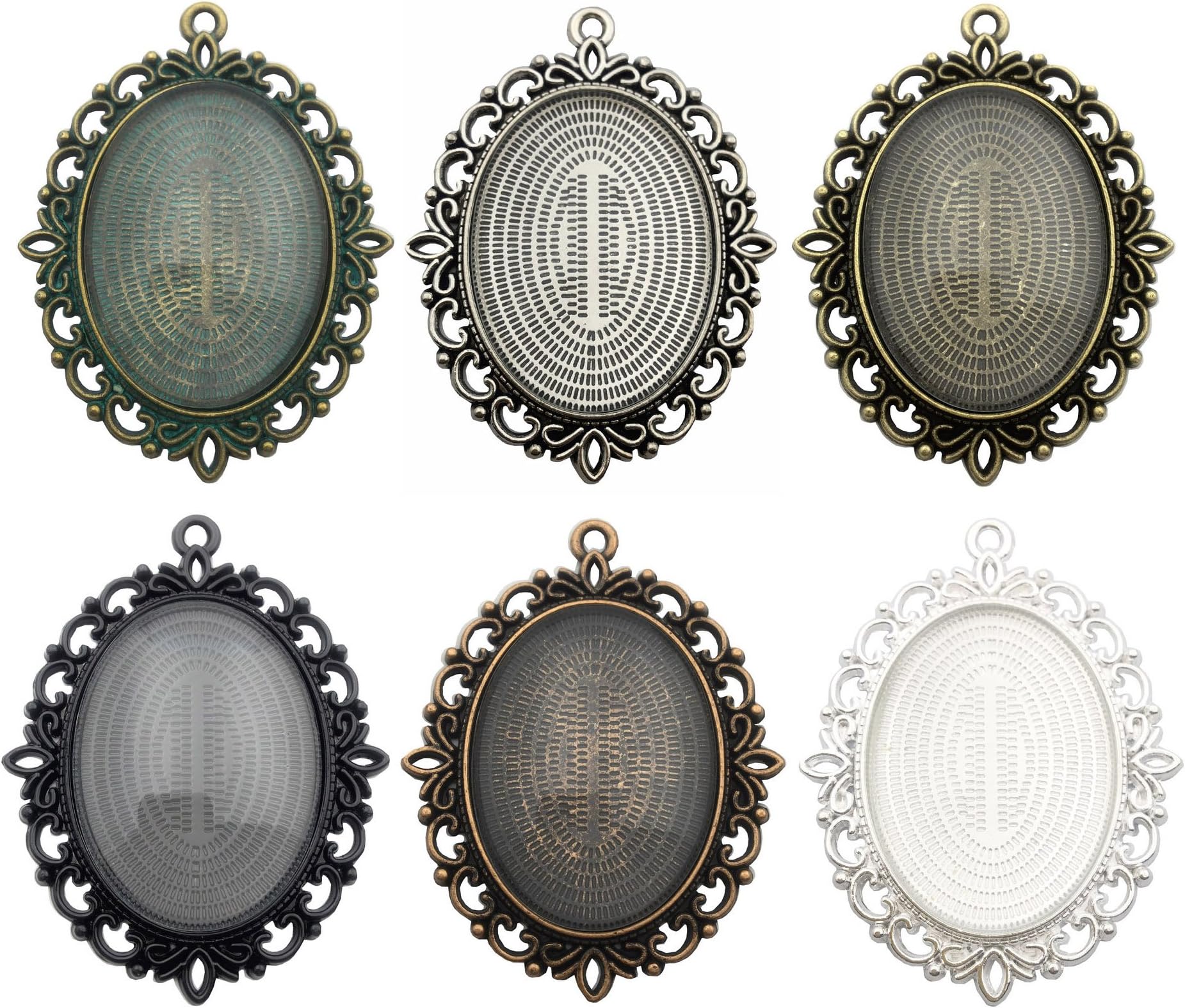 6 Sets - Oval Blank Pendant Trays with 30x40mm Clear Glass Cabochons - Base Setting Blank Bezel Frame Cameo Metal Alloy Neckalce Jewelry Making DIY Findings WM060