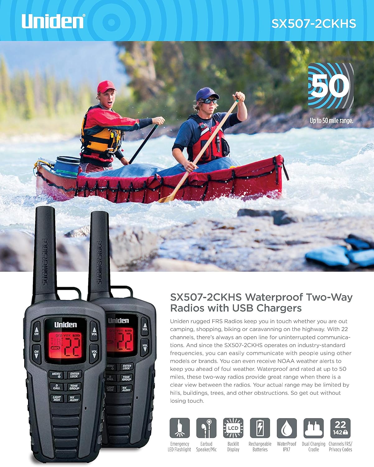 Uniden SX507-2CKHS Up to 50 Mile Range FRS Two-Way Radio Walkie Talkies W/Dual Charging Cradle, Waterproof, Floats, 22 Channels, 142 Privacy Codes, NOAA Weather Scan + Alert, Includes 2 Headsets