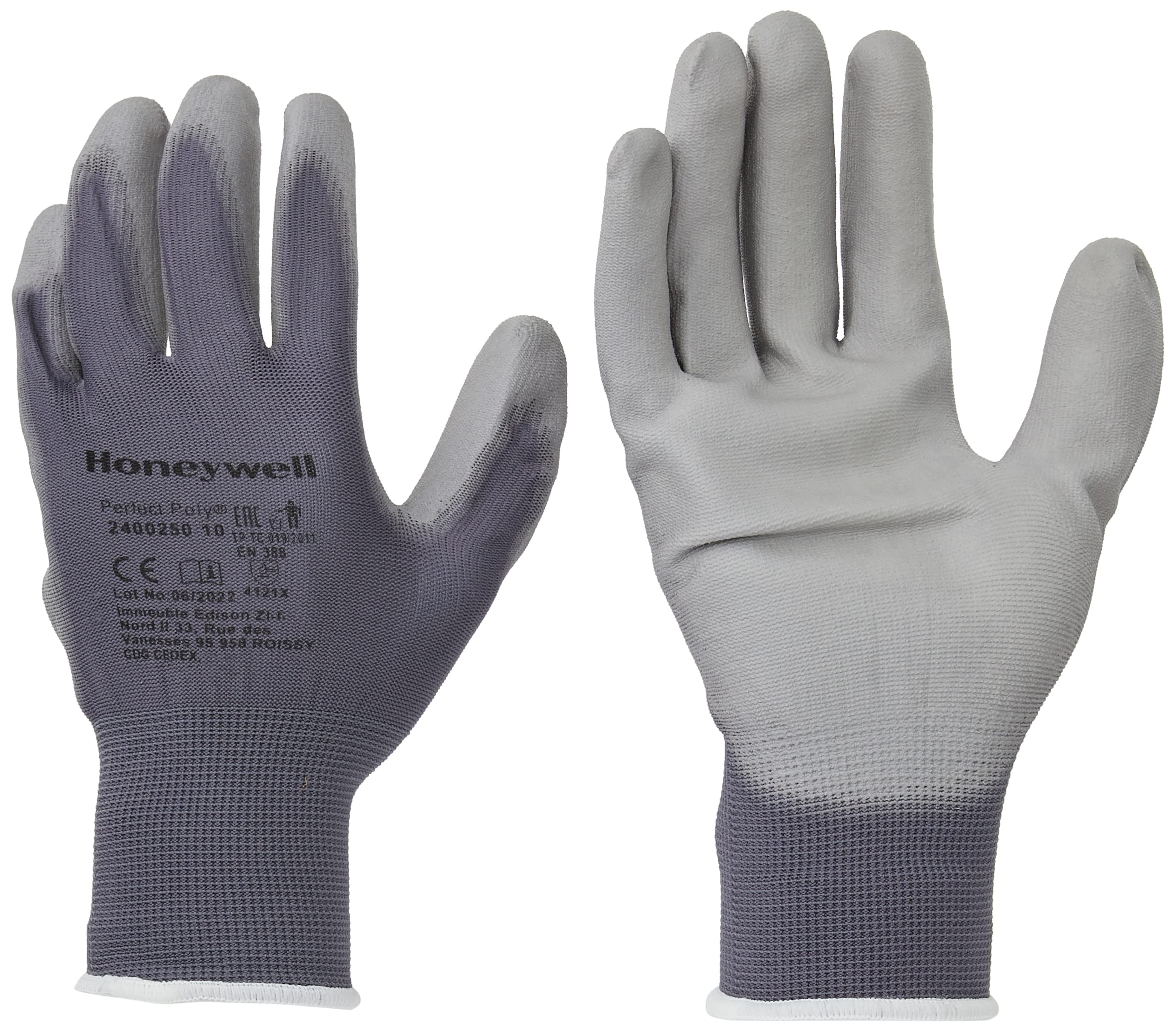 Honeywell 2400250-10 Perfect Poly Grey Polyamide Knitted Gloves for Fine Handling, PU Coating, Gauge 15, 25 cm Length, Size 10 (Pack of 10 Pairs)