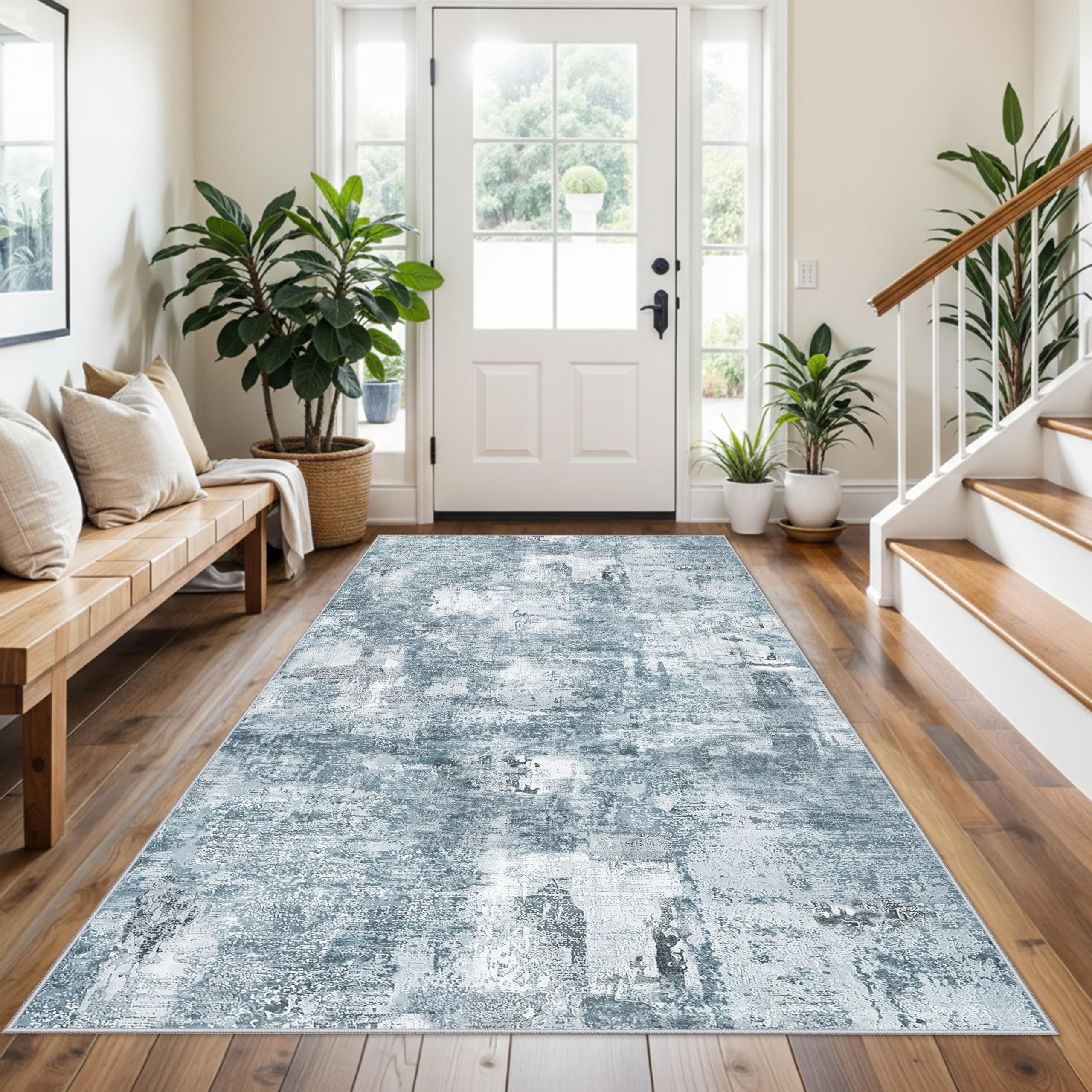 4x8 Washable Area Rug – Non-Slip Rubber Backed Indoor Rug for Entryway, Kitchen, Hallway | Modern Abstract Neutral Low Pile Thin Floor Mat for Bedroom, Living Room, Office (Blue Grey) Image