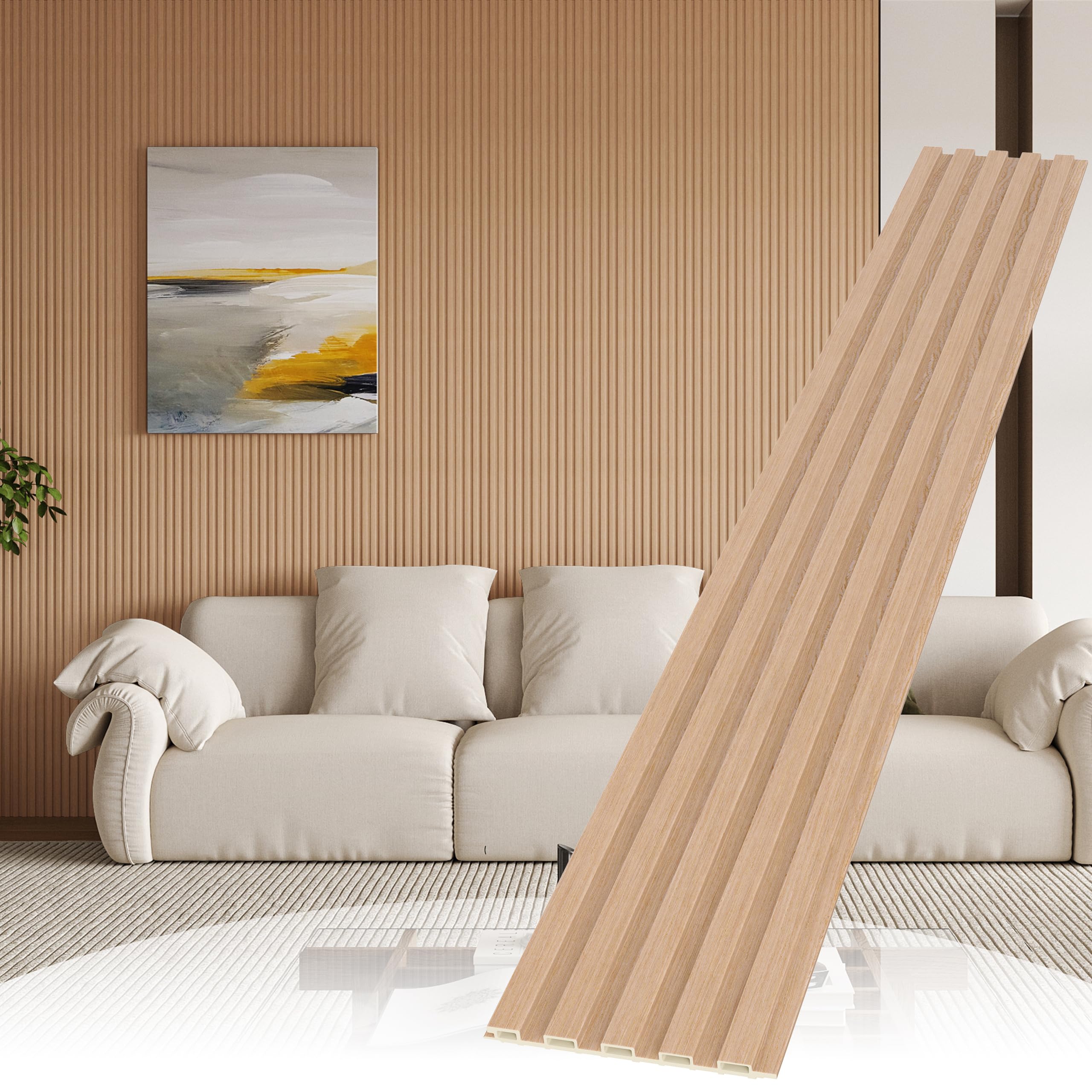 Photo 1 of POHARE WPC Slat Wall Paneling,8-Pack 3D WPC Wood Wall Panels,Acoustic Wall Panels for Interior Wall Decor,Living Room,Bedroom,Oak,95 x 6 in