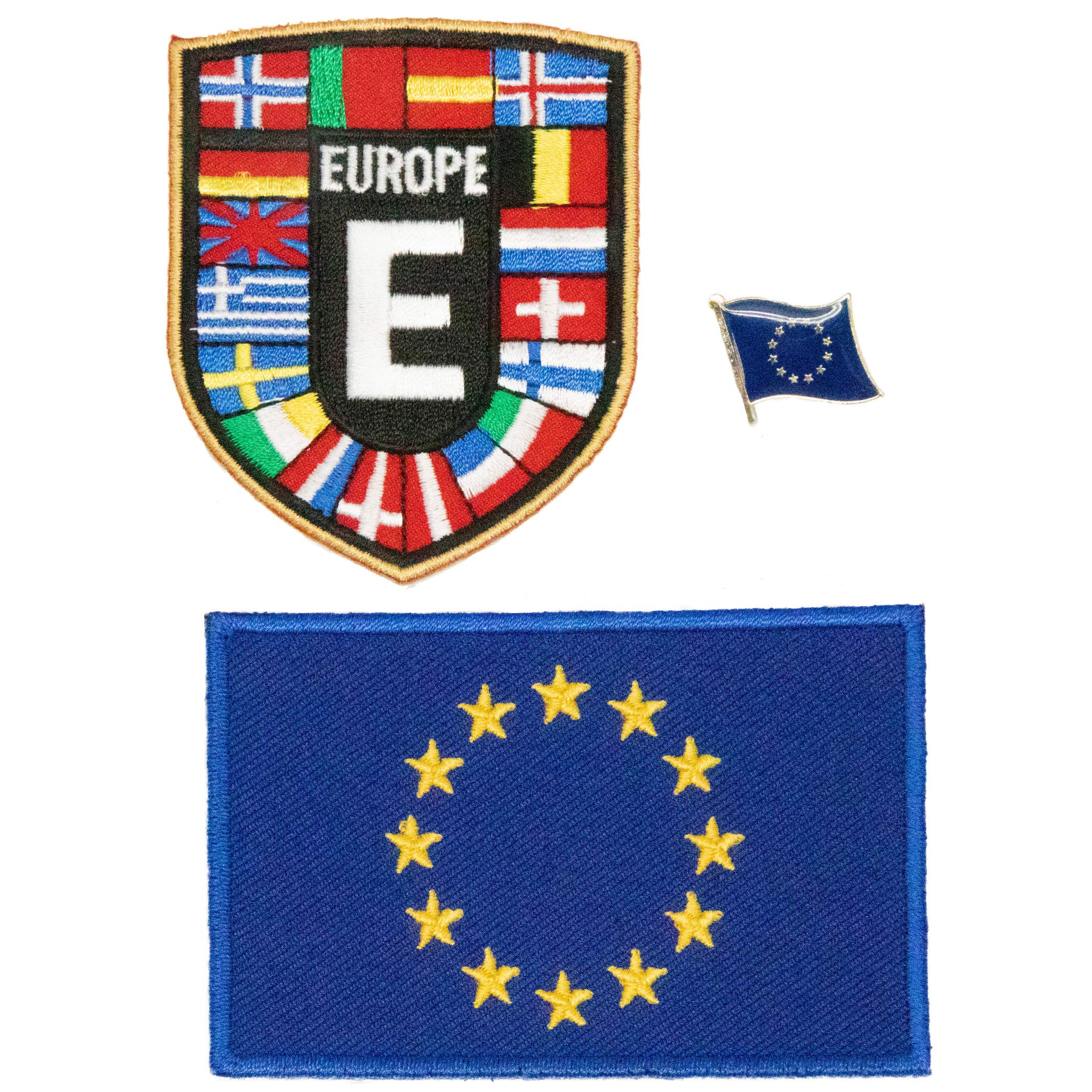 A-ONE 3 PCS Pack-European Countries Flag Shield Patch+ European Union Embroidery Patch + EU Flag Lapel Pin, Applique Accessories World Flag Badges No.001B