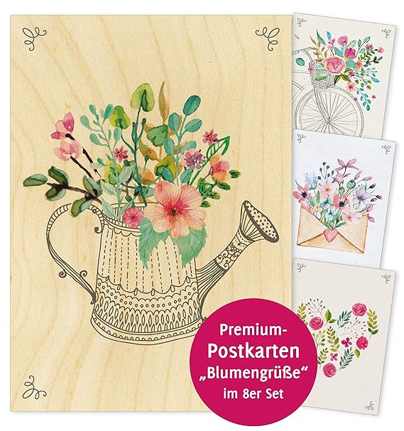 CherryCards Premium 8er Postkarten Set Blumengrüße Holzpostkarten Postkarten Holz Baumwollpapier Naturpapier Glückwünsche Mut