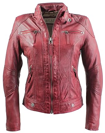 RICANO Derby, Damen Lederjacke Slim Fit aus Lamm Nappa Echtleder in Schwarz und Rot