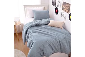 Wake In Cloud - Striped Cotton Duvet Cover Set, Ticking Stripe Pinstripe Farmhouse, 100% Washed Cotton Textured Percale Beddi