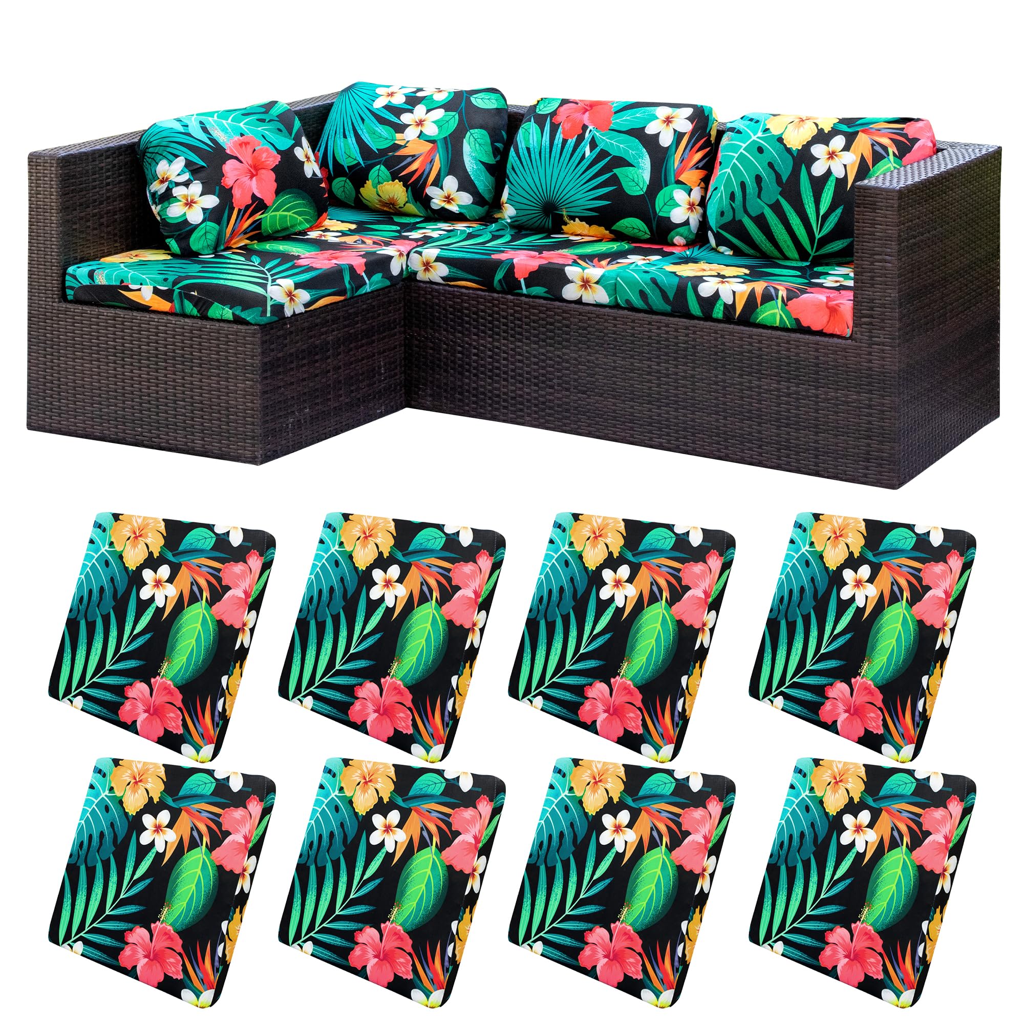 Photo 1 of 8Pcs Stretch Patio Cushion Covers,Outdoor Couch Covers Replacement,Outdoor Couch & Sofa Slipcovers,for Patio Furniture Cushion Covers,Washable Reusable Furniture Protector (Floral Leaf,Cover Only)