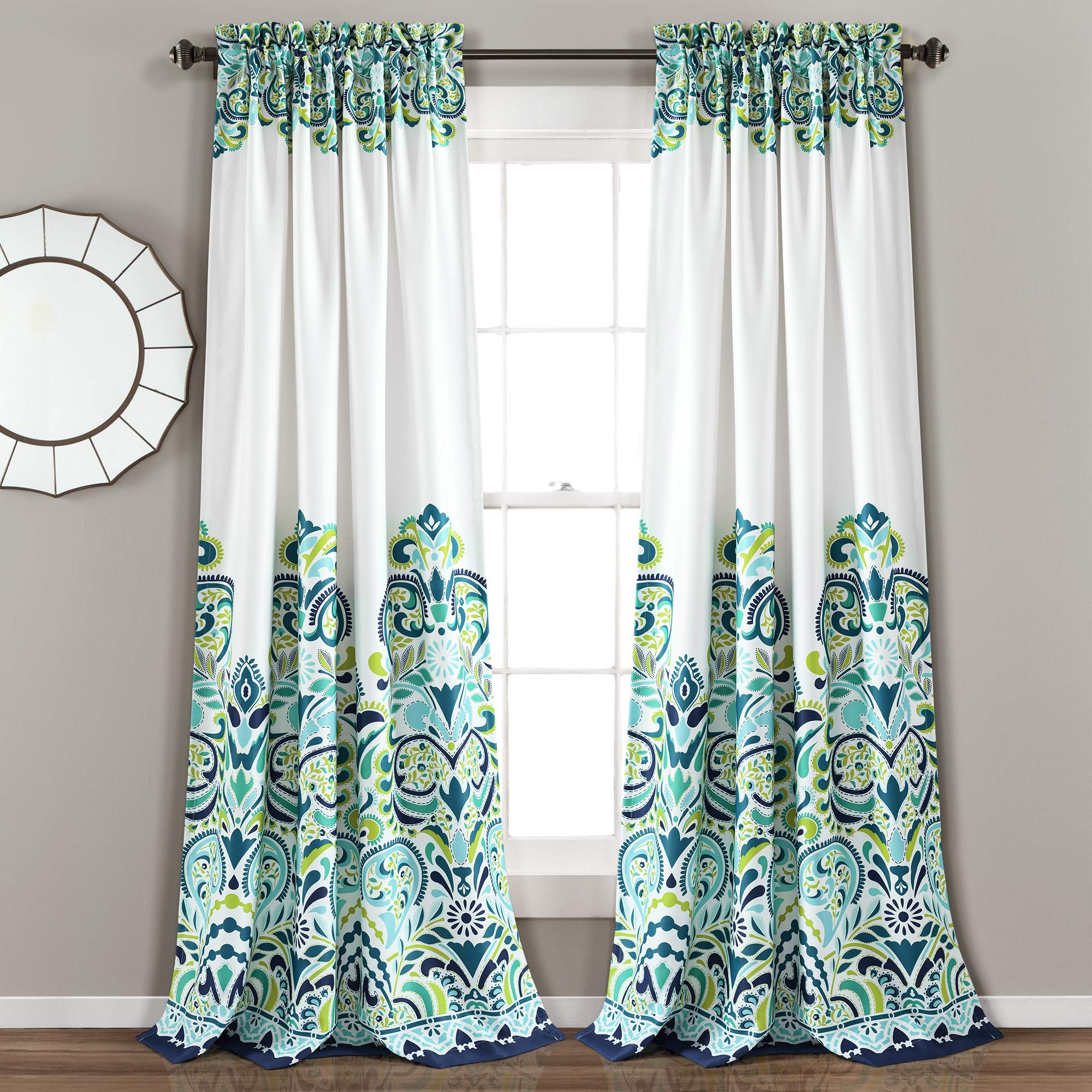 Lush Decor, Blue and Green Clara Curtains Paisley Damask Print Bohemian Style Room Darkening Window Panel Set for Living, Dining, Bedroom (Pair), 84” x 52 84" x 52"
