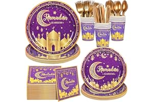 140Pcs Ramadan Eid Mubarak Party Supplies Tableware Set Eid Mubarak Plates and Napkins Purple Gold Party Plates For Ramadan P