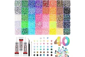 HUIAWAY Bedazzling Kit with 40 Colors, Rhinestones Kit with 32000 pcs Flatback Gems, 3 Pcs B7000 Glue and Tweezers, Resin Jel