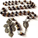 elegantmedical Catholic Tiger Eye Beads Bronze Pardon Cross Rosary Necklace Catholic Gift