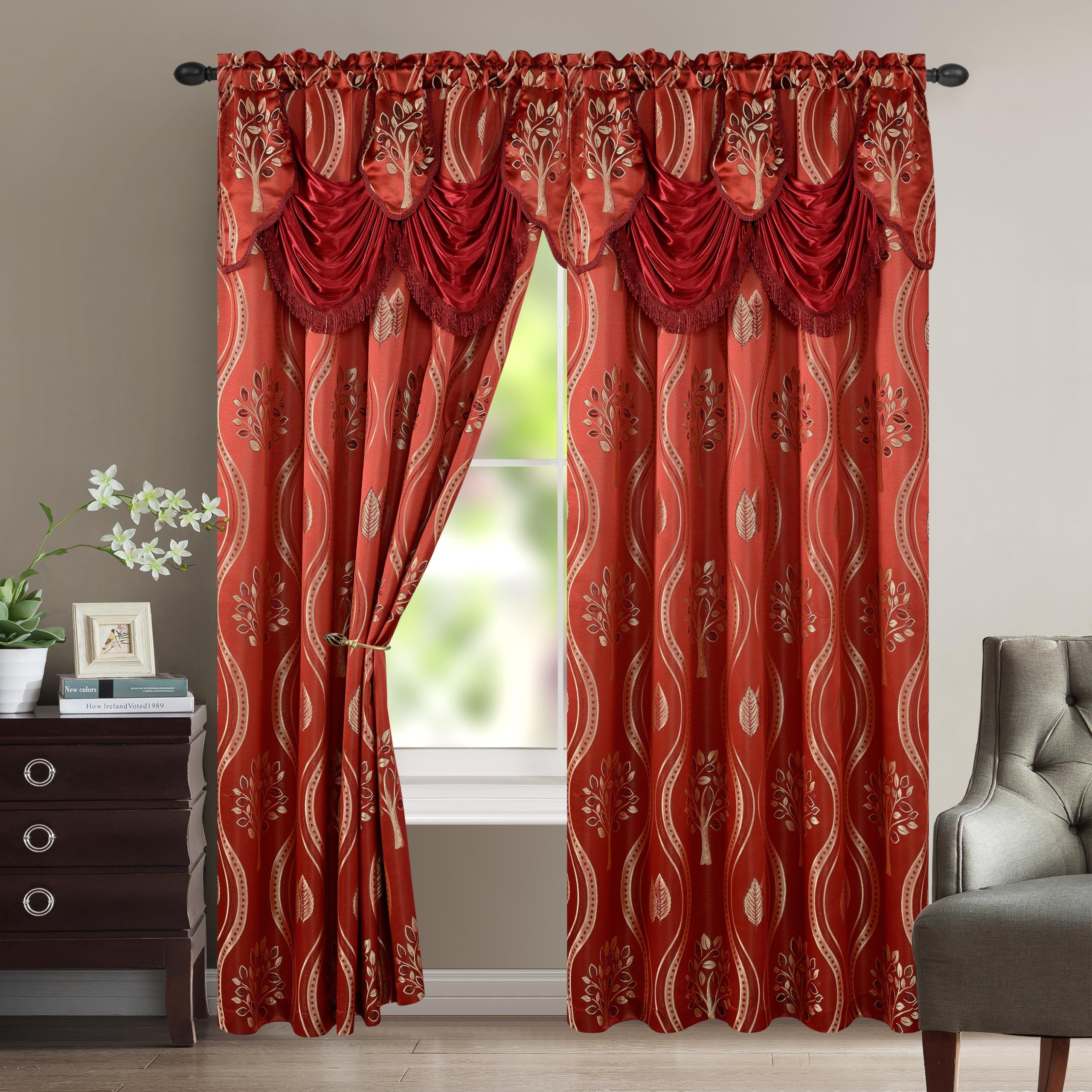 Elegant Comfort Luxurious Beautiful Curtain Panel Set with Attached Valance and Backing 54" X 84 inch (Set of 2), Burgundy