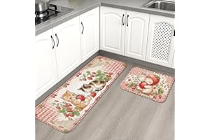 Vintage Strawberry Kitchen Mats for Floor, Fanciful Soft Mats, Seasonal Cushioned Comfort Washable Non Slip Decor Rugs for Ki