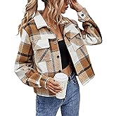 Yeokou Women's Fashion Cropped Flannel Shirt Plaid Shacket Long Sleeve Button Down Jackets Coat
