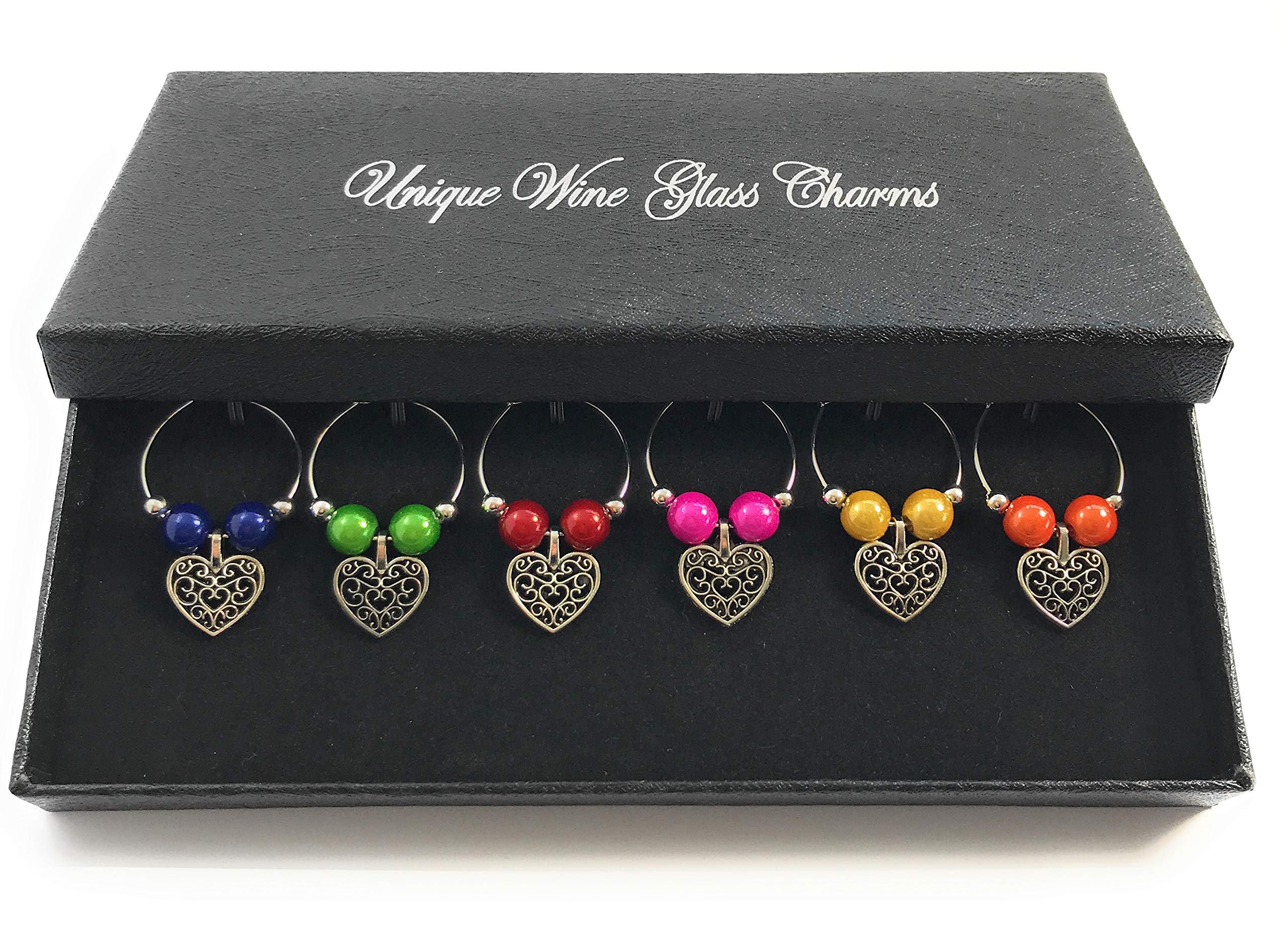 Libby's Market Place Bright Colour Antique Hearts Wine Glass Charms with Gift Box