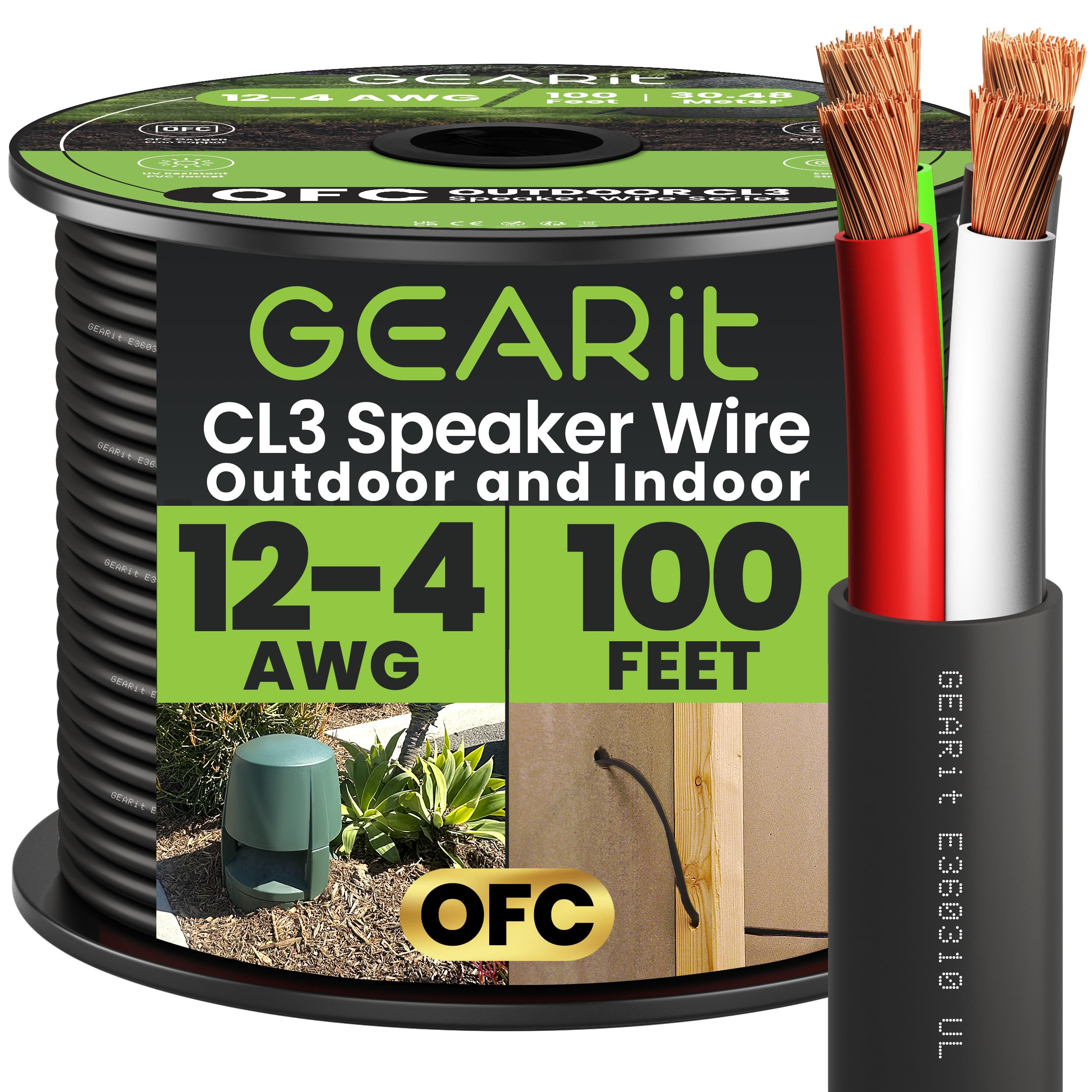 GEARit 12/4 Speaker Wire (100 Feet) 12AWG Gauge, Black 4-Conductors/Outdoor Direct Burial in Ground/in Wall / CL3 CL2 Rated - OFC Oxygen-Free Copper, Black 100ft